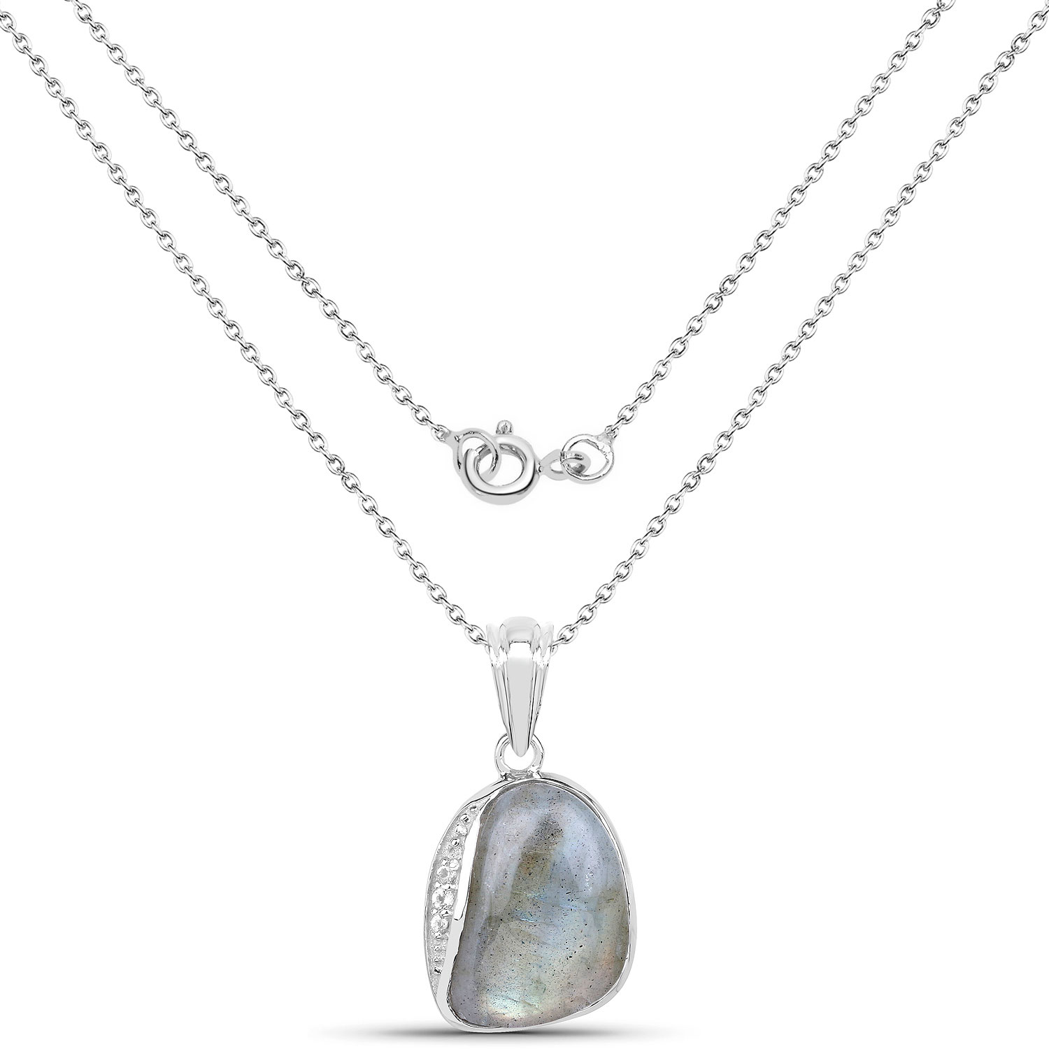 4.89 Carat Genuine Labradorite And White Topaz .925 Sterling Silver Pendant