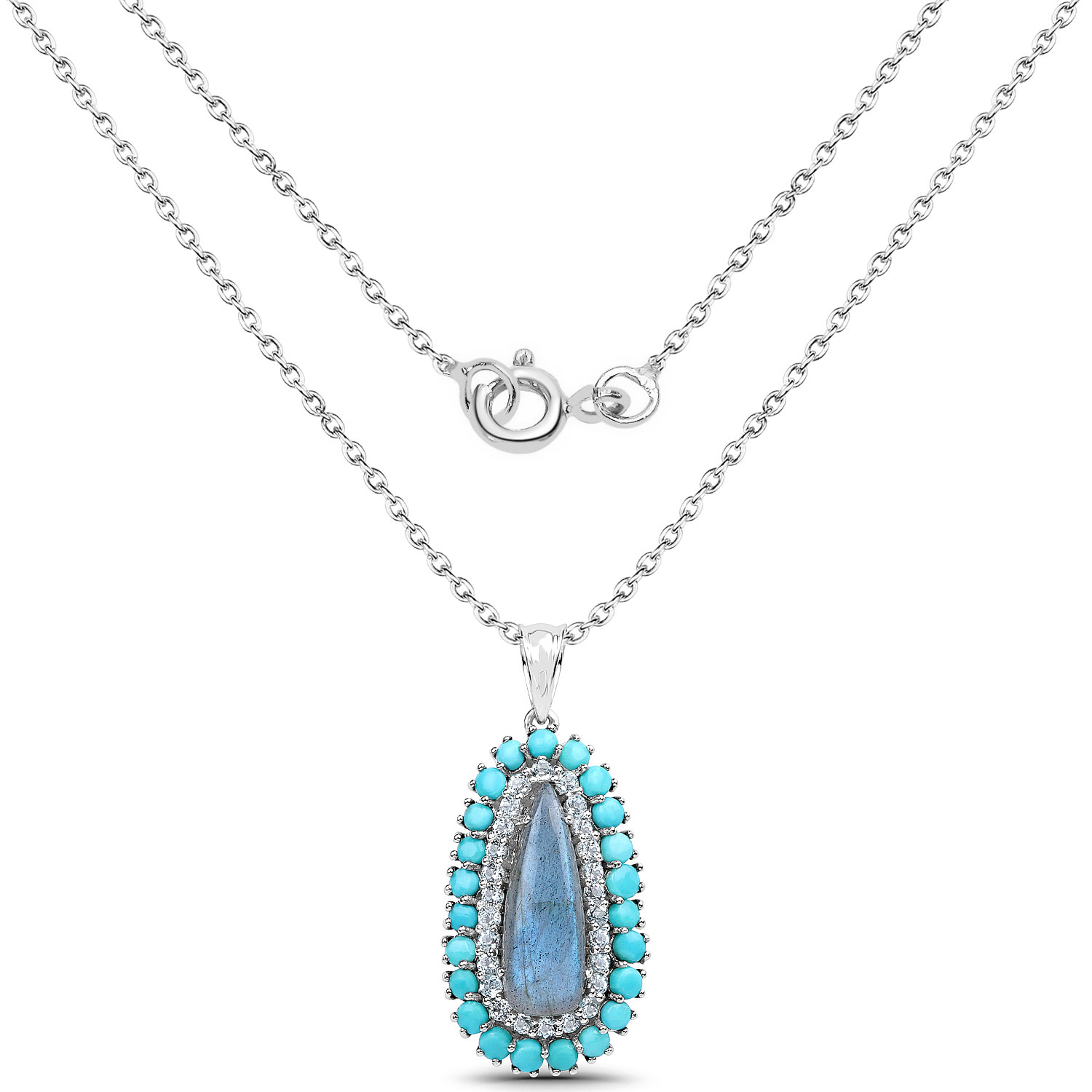 7.66 Carat Genuine Labradorite, Turquoise And Blue Topaz .925 Sterling Silver Pendant