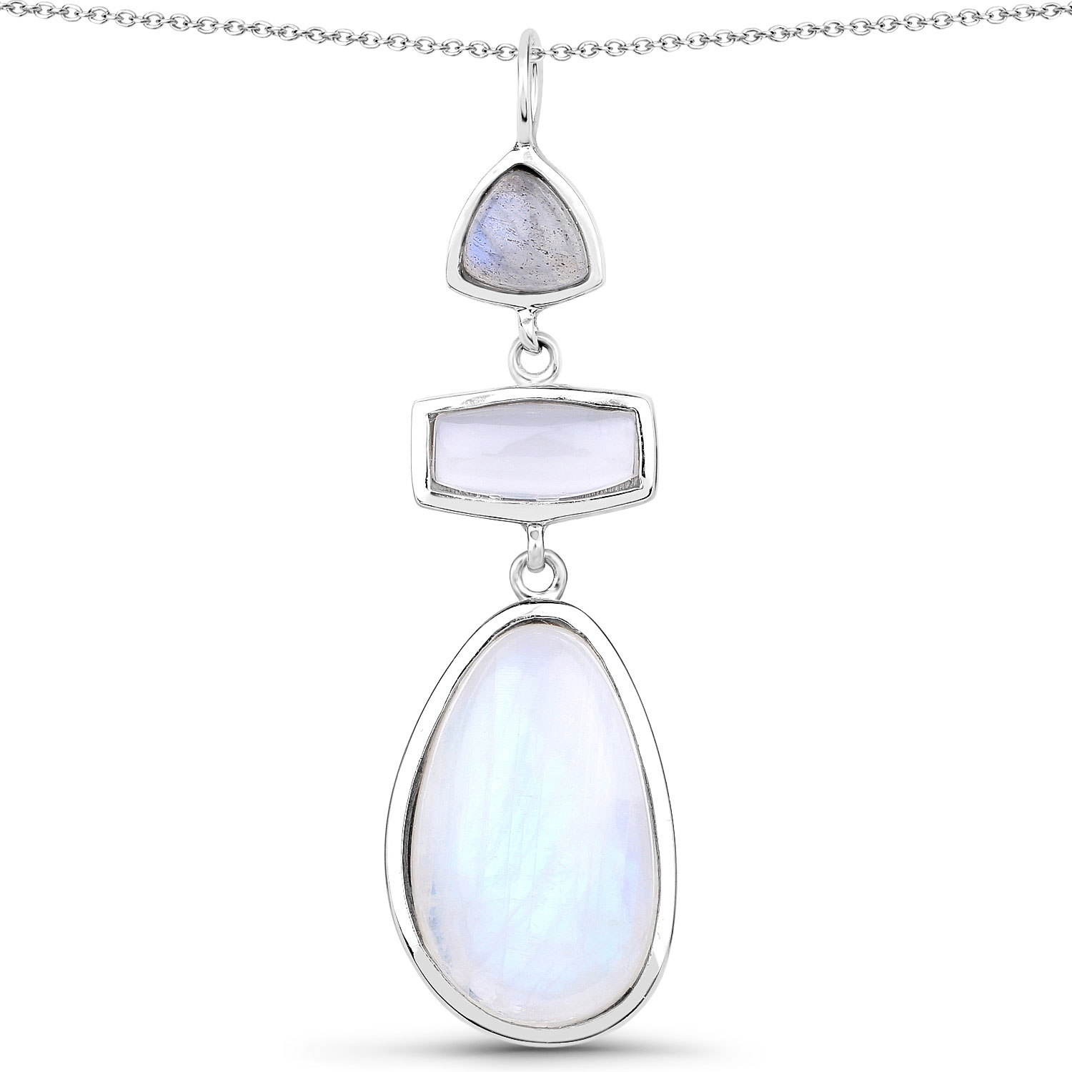 11.79 Carat Genuine Labradorite, White Agate And White Rainbow Moonstone .925 Sterling Silver Pendant