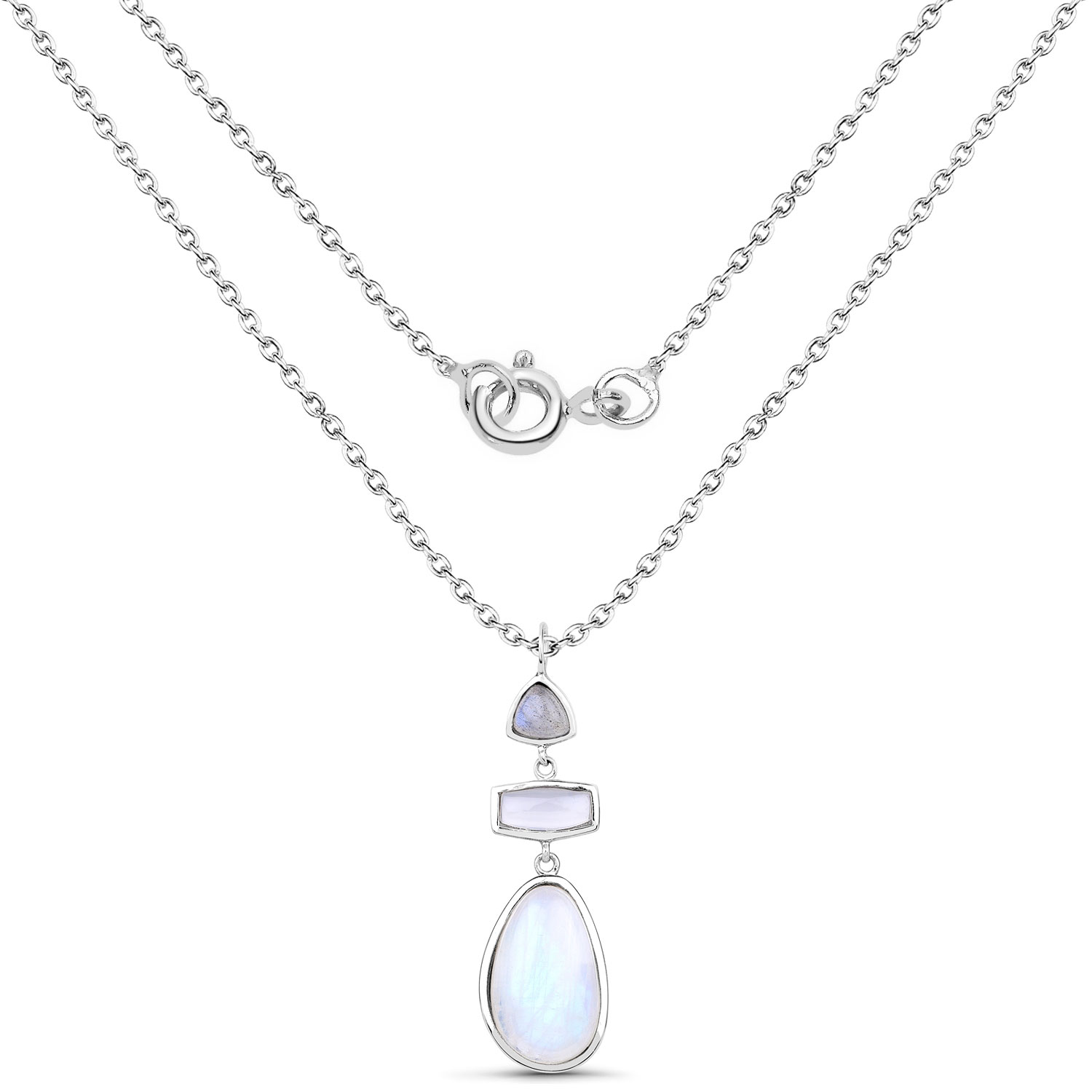 11.79 Carat Genuine Labradorite, White Agate And White Rainbow Moonstone .925 Sterling Silver Pendant