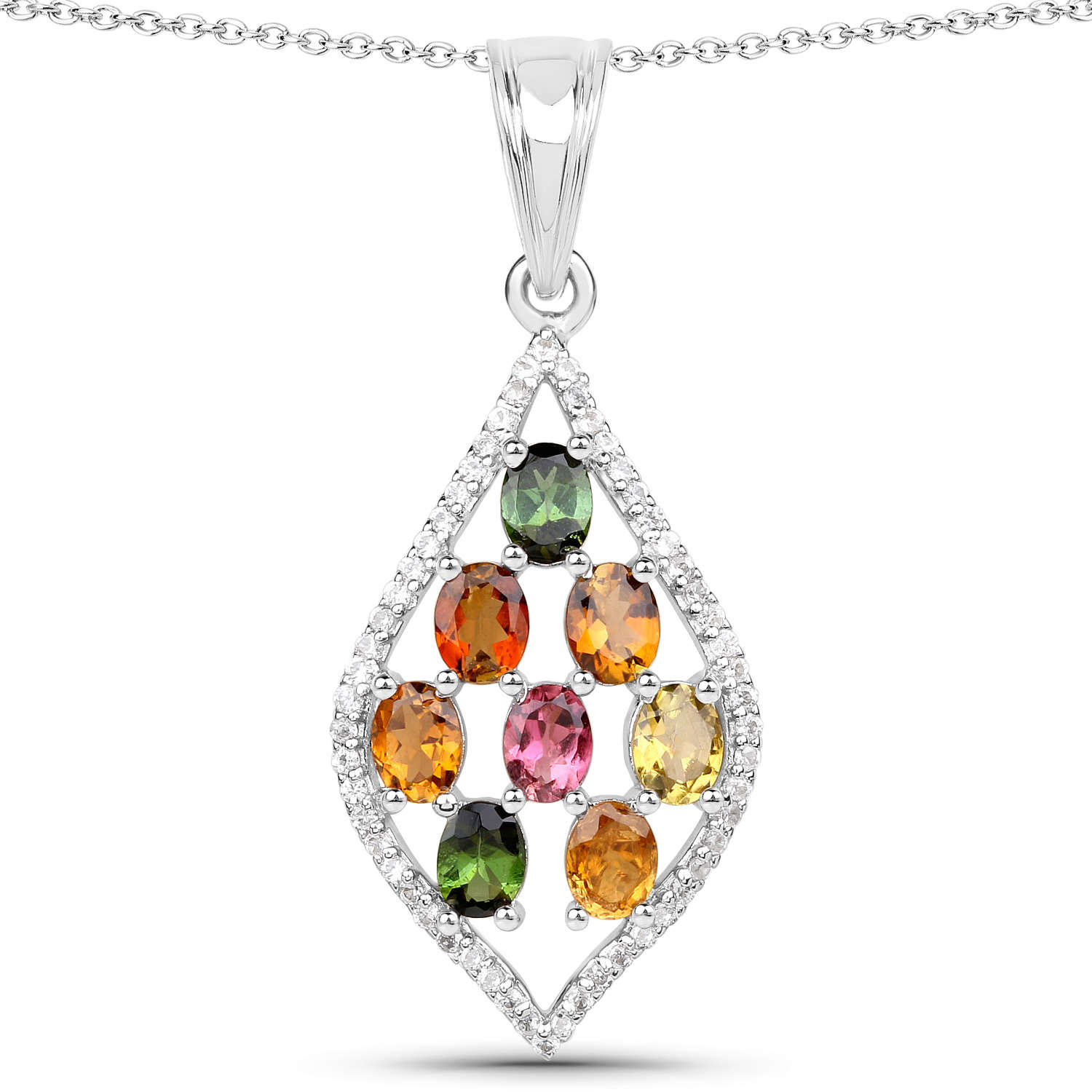 1.64 Carat Genuine Multi Tourmaline and White Zircon .925 Sterling Silver Pendant