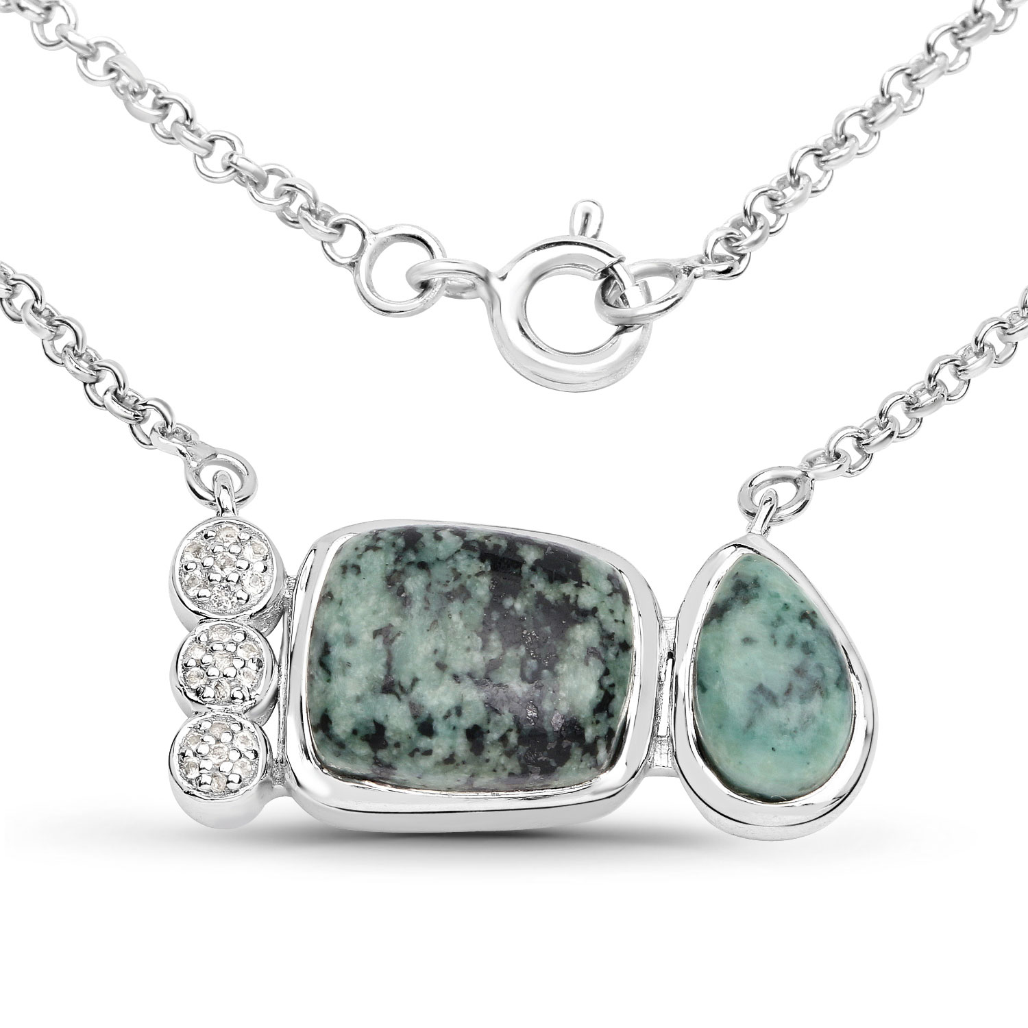 7.25 Carat Genuine Green Jasper and White Topaz .925 Sterling Silver Pendant