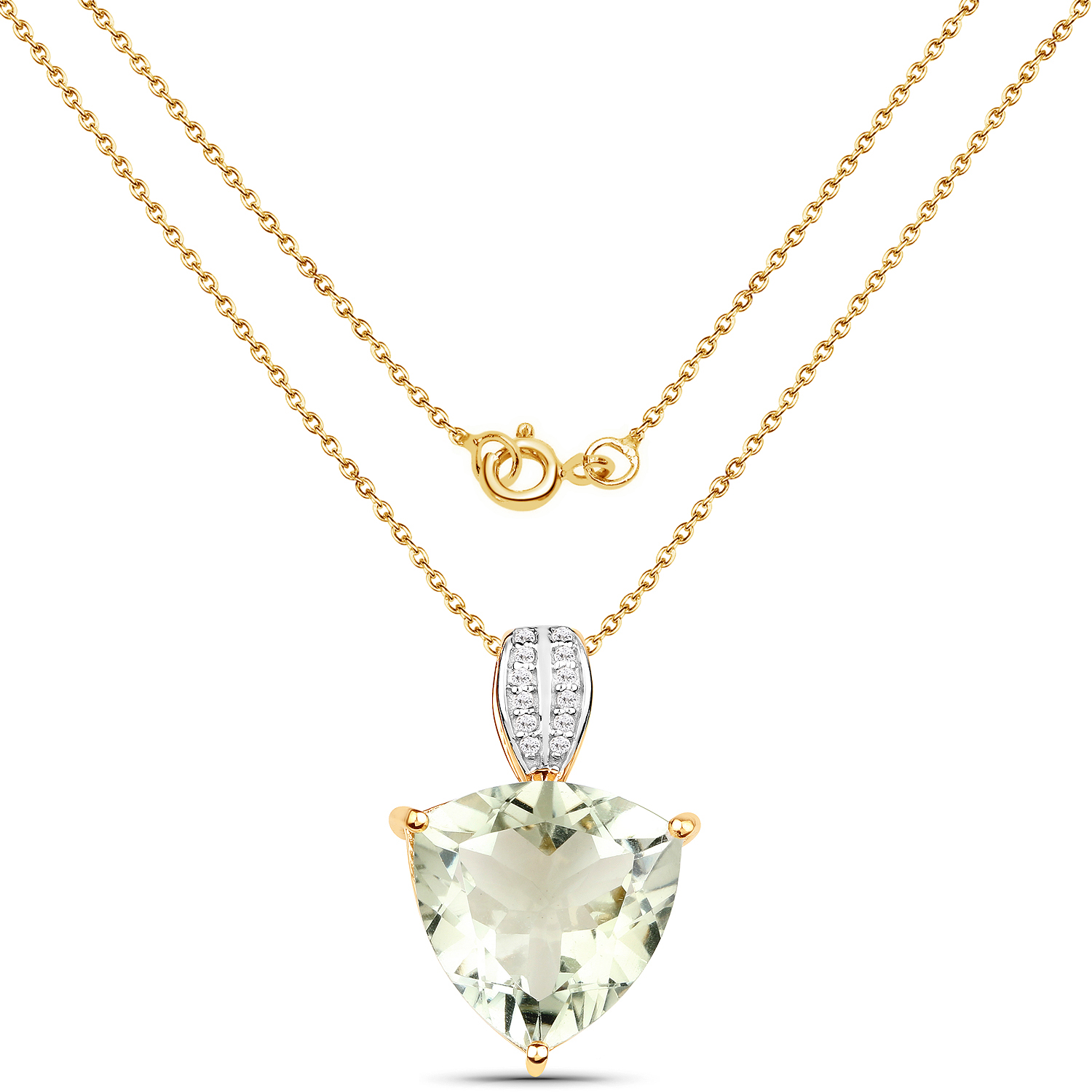 18K Yellow Gold Plated 7.99 Carat Genuine Green Amethyst and White Topaz .925 Sterling Silver Pendant