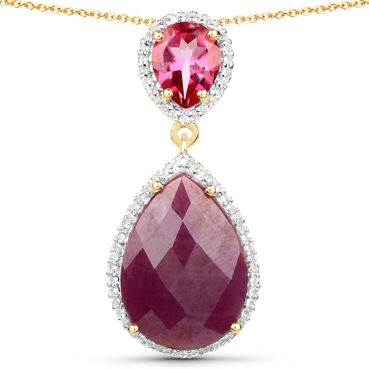 18K Yellow Gold Plated 12.81 Carat Genuine Ruby, Pink Topaz and White Topaz .925 Sterling Silver Pendant