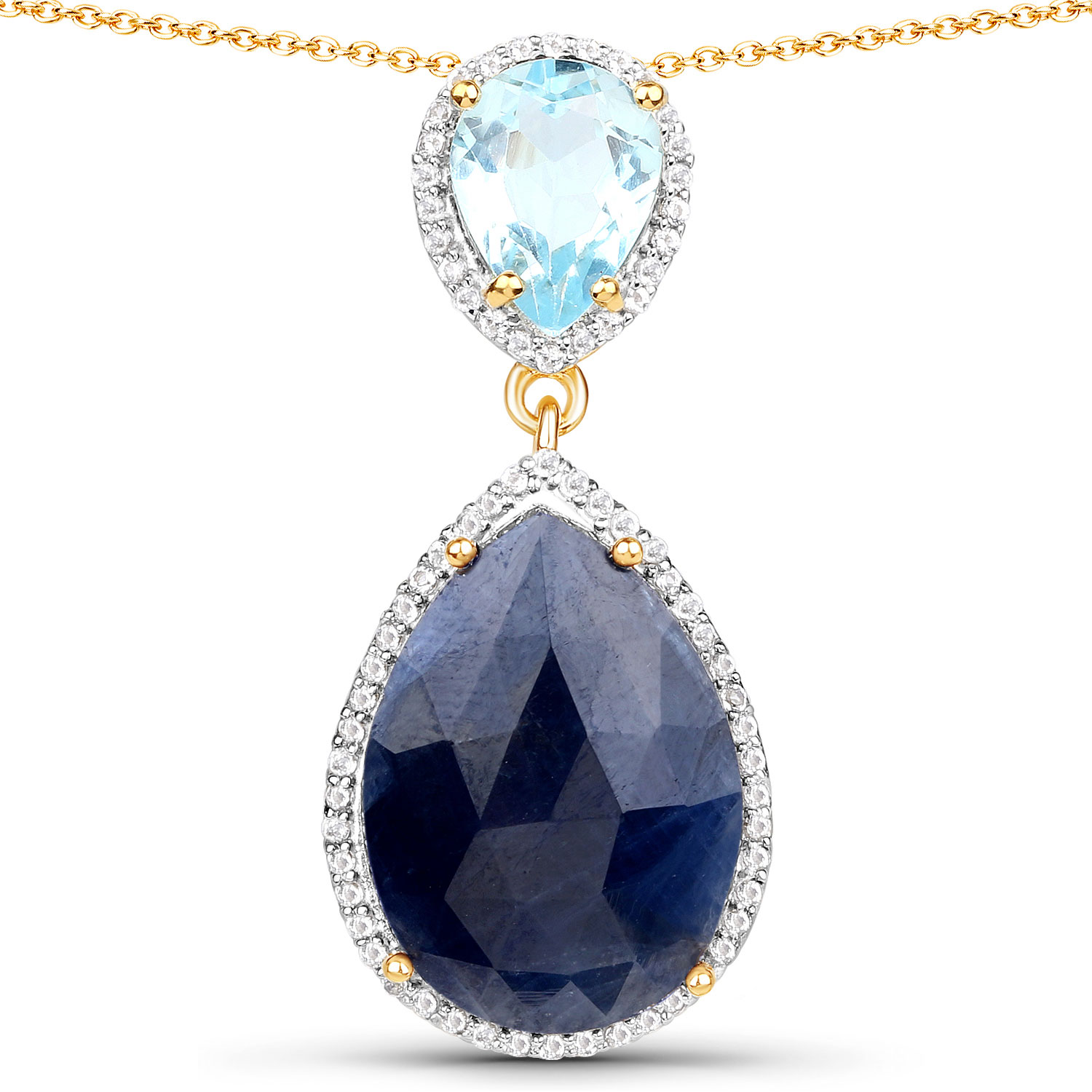 18K Yellow Gold Plated 13.16 Carat Genuine Blue Sapphire, Blue Topaz and White Topaz .925 Sterling Silver Pendant