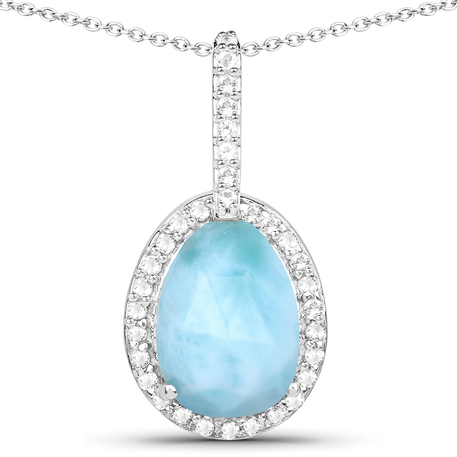 2.20 Carat Genuine Larimar and White Topaz .925 Sterling Silver Pendant