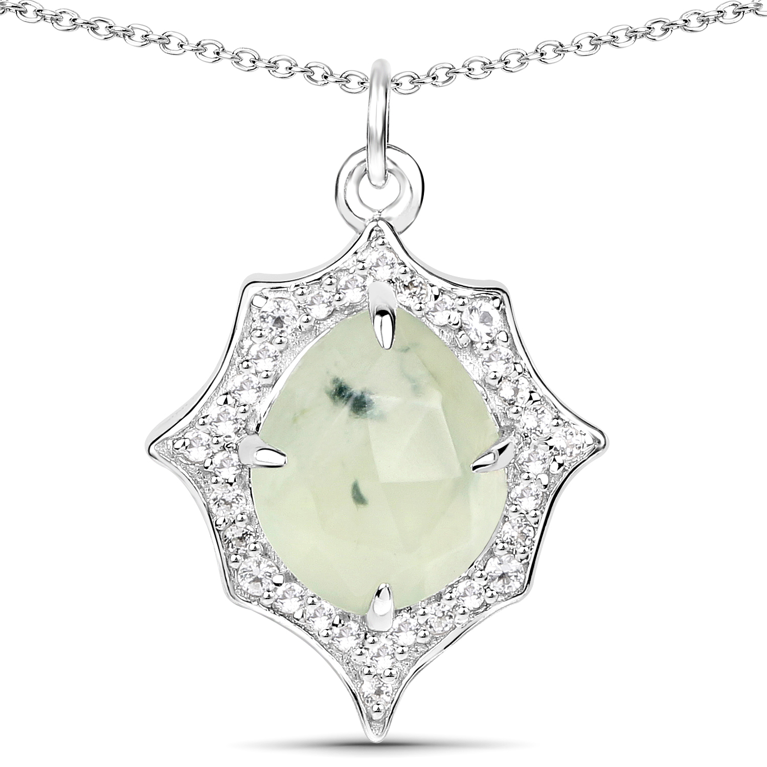 3.06 Carat Genuine Prehnite and White Topaz .925 Sterling Silver Pendant