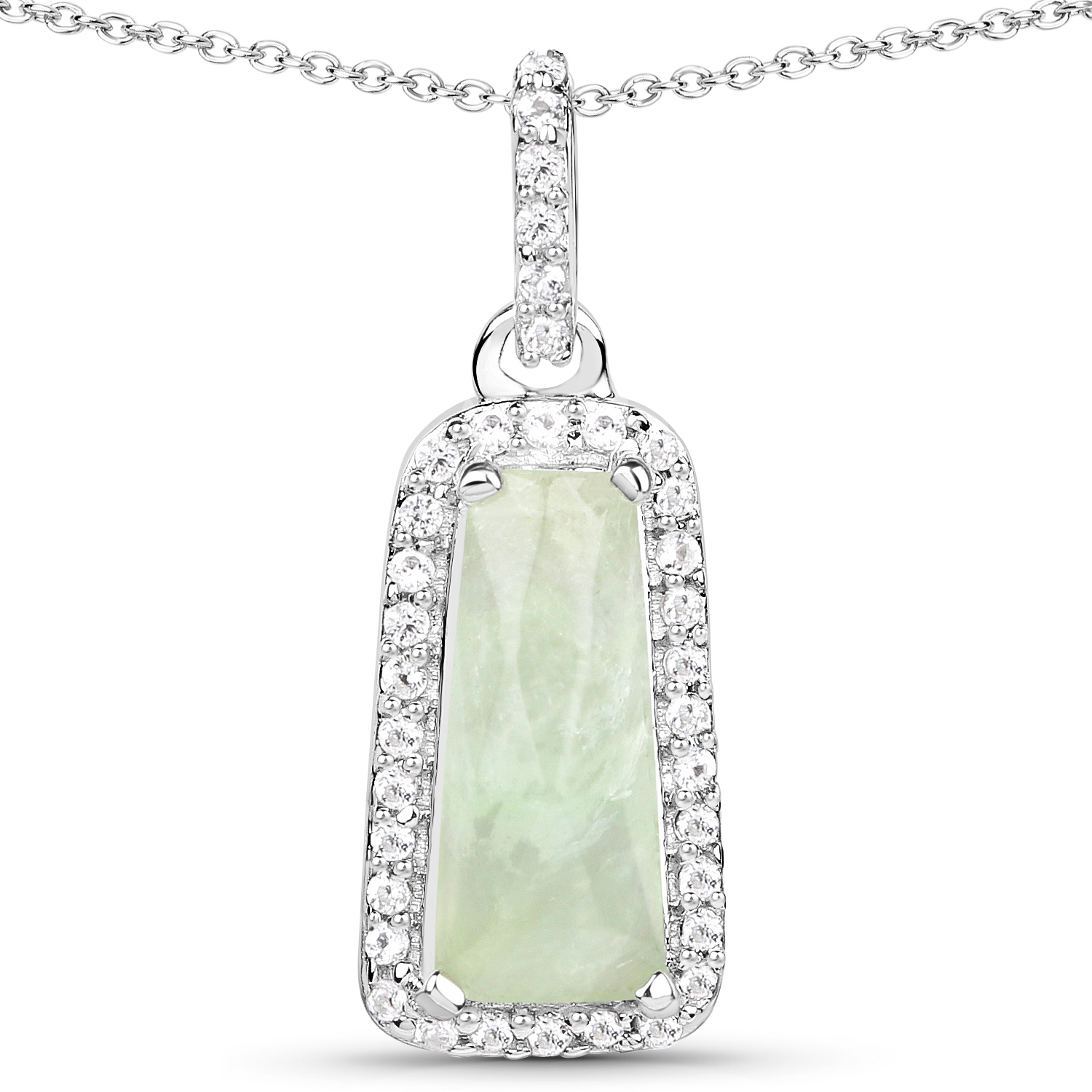 2.06 Carat Genuine Prehnite and White Topaz .925 Sterling Silver Pendant