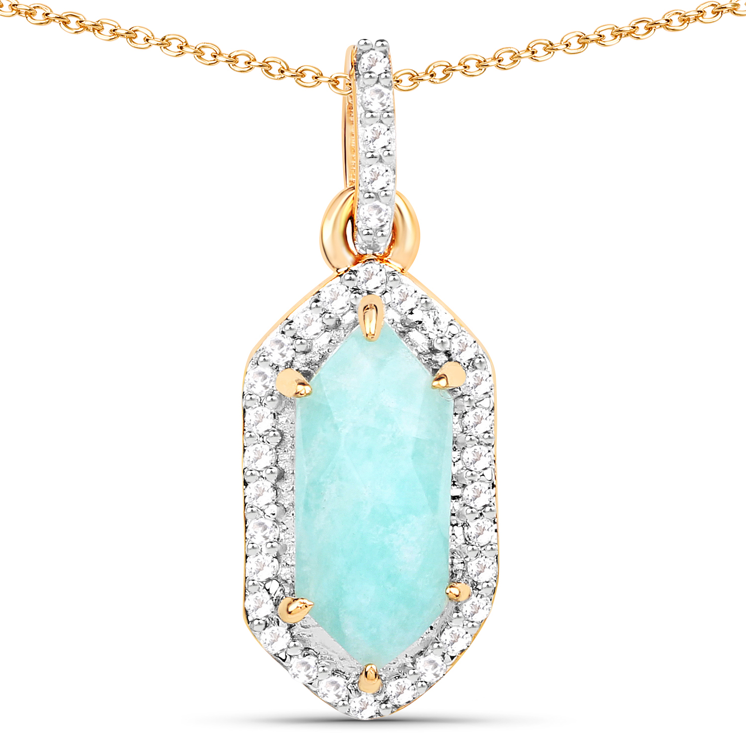 18K Yellow Gold Plated 2.17 Carat Genuine Amazonite and White Topaz .925 Sterling Silver Pendant