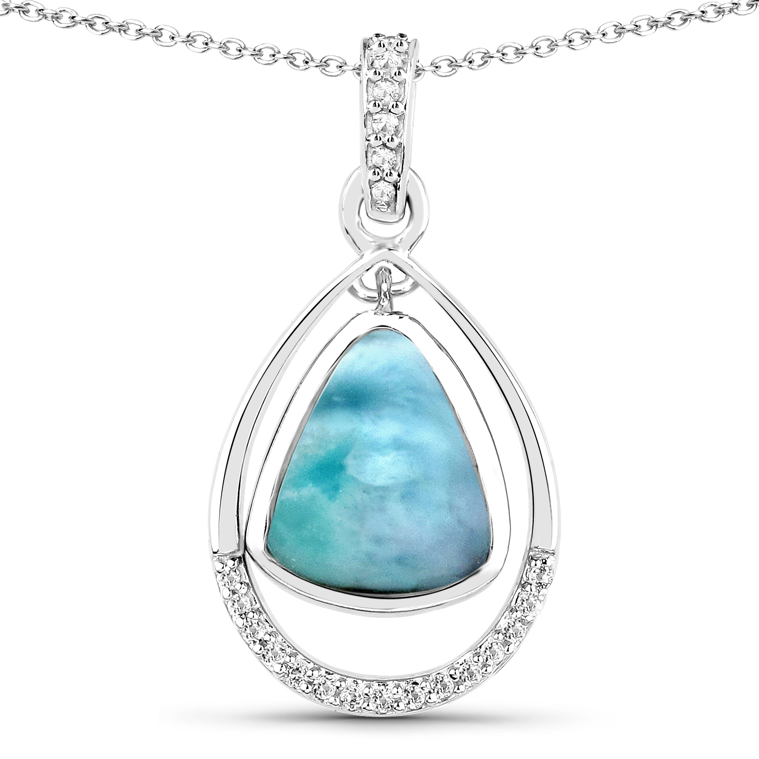 3.76 Carat Genuine Larimar and White Topaz .925 Sterling Silver Pendant