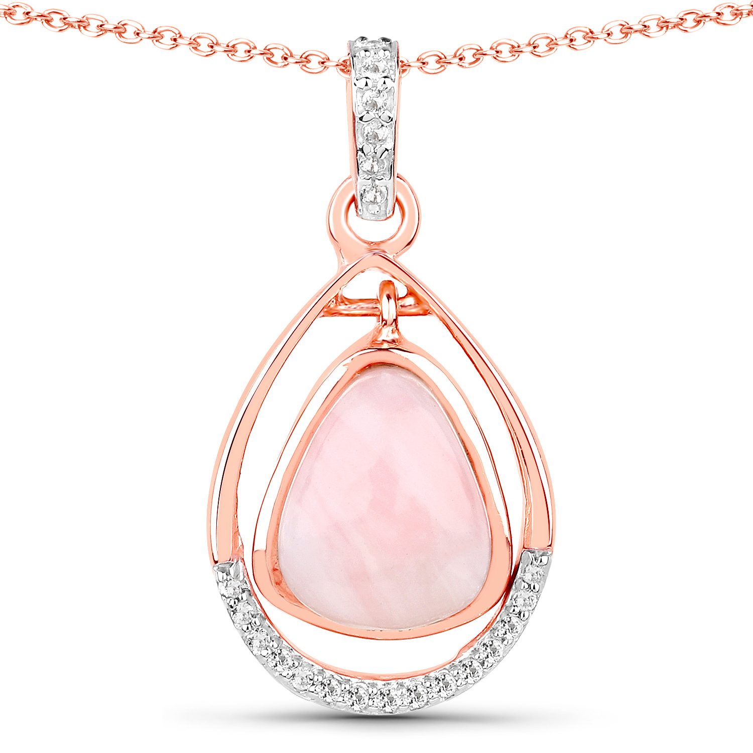 14K Rose Gold Plated 2.33 Carat Genuine Pink Opal and White Topaz .925 Sterling Silver Pendant