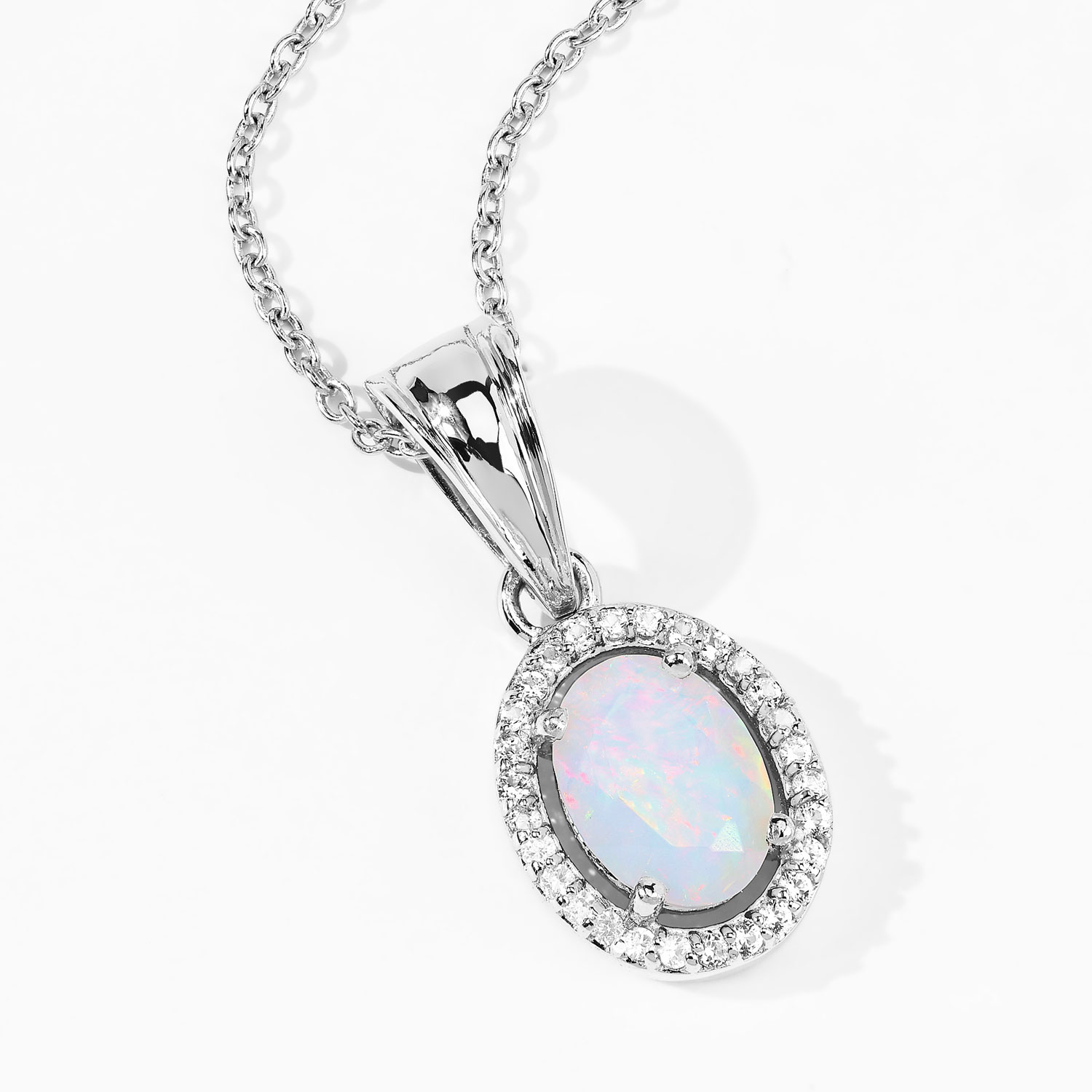 0.80 Carat Genuine Ethiopian Opal and Created White Sapphire .925 Sterling Silver Pendant