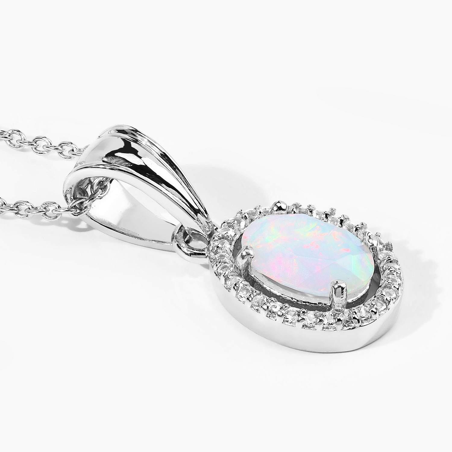 0.80 Carat Genuine Ethiopian Opal and Created White Sapphire .925 Sterling Silver Pendant