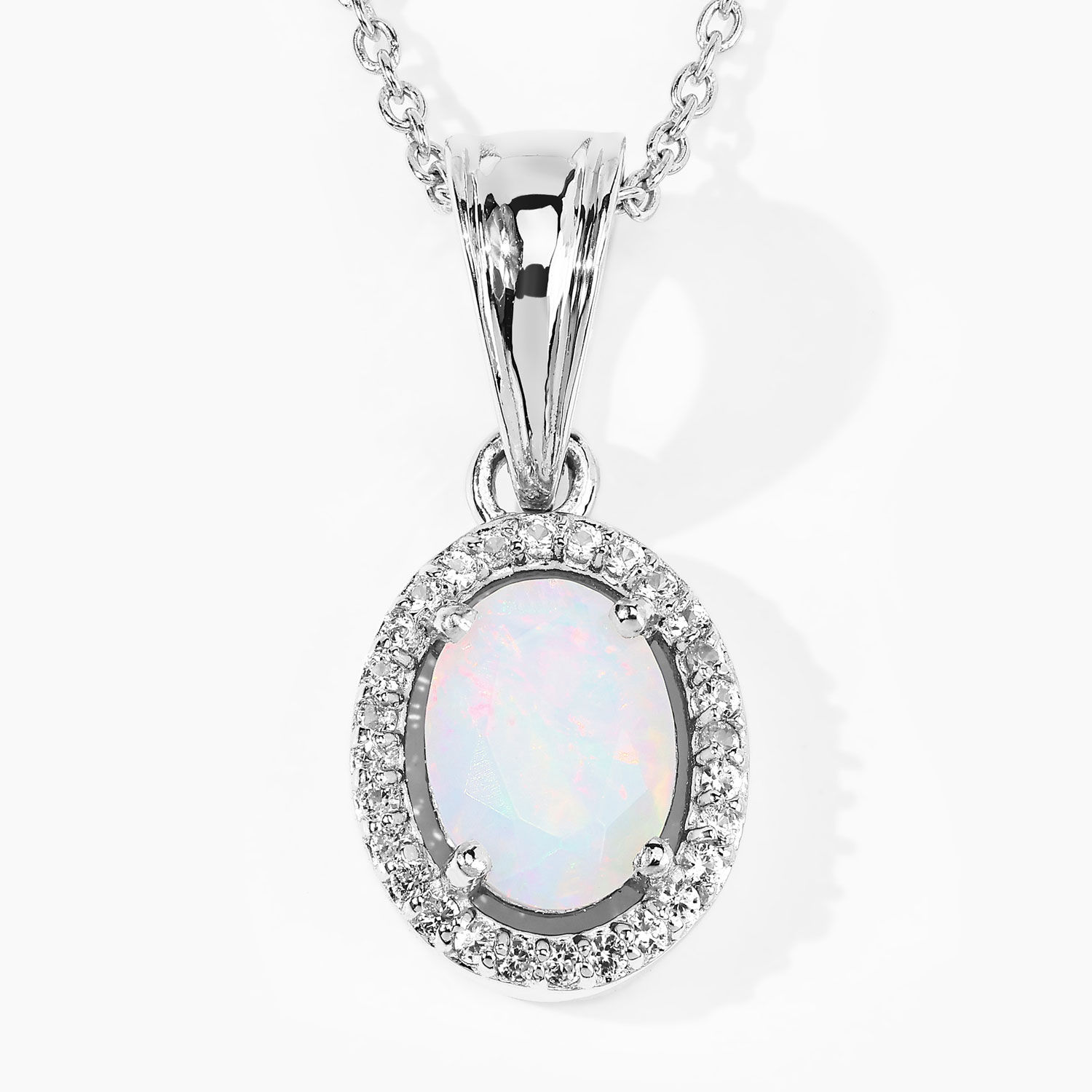0.80 Carat Genuine Ethiopian Opal and Created White Sapphire .925 Sterling Silver Pendant