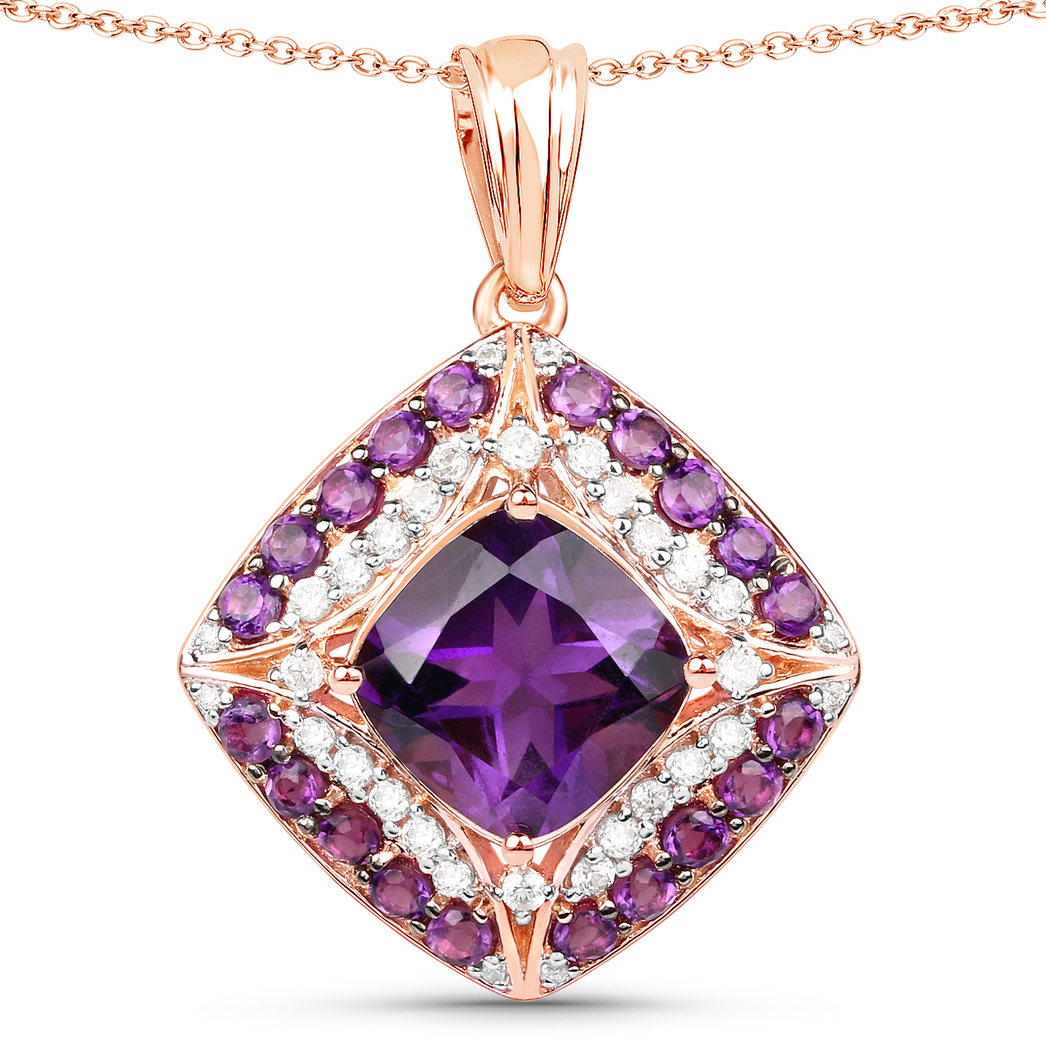 14K Rose Gold Plated 5.32 Carat Genuine Amethyst and White Zircon .925 Sterling Silver Pendant