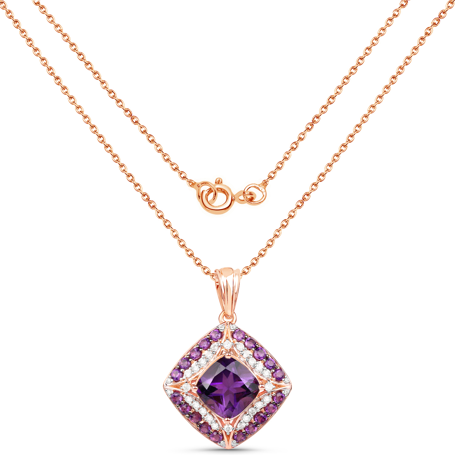 14K Rose Gold Plated 5.32 Carat Genuine Amethyst and White Zircon .925 Sterling Silver Pendant