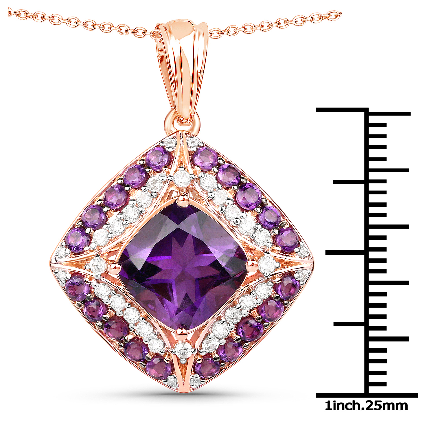 14K Rose Gold Plated 5.32 Carat Genuine Amethyst and White Zircon .925 Sterling Silver Pendant