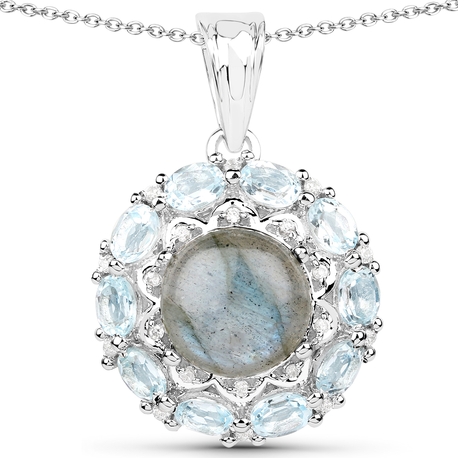 5.90 Carat Genuine Labradorite, Blue Topaz and White Zircon .925 Sterling Silver Pendant