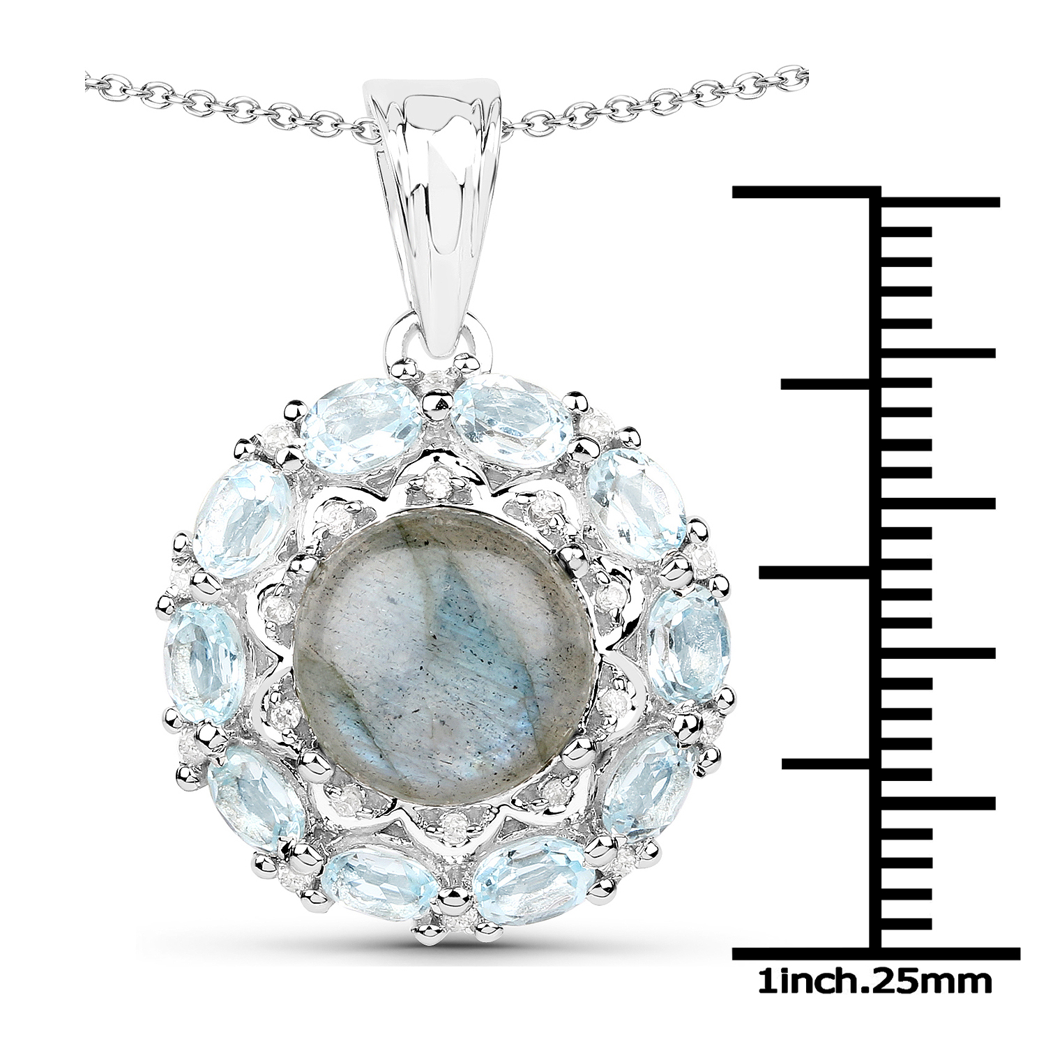 5.90 Carat Genuine Labradorite, Blue Topaz and White Zircon .925 Sterling Silver Pendant