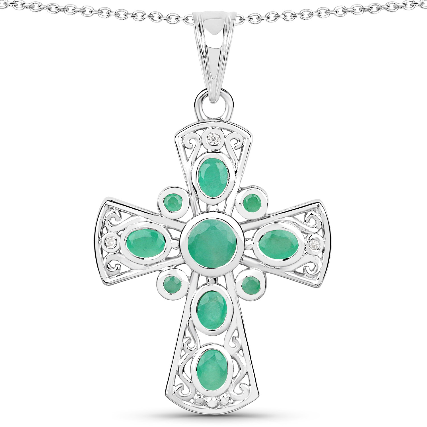 1.29 Carat Genuine Emerald and White Zircon .925 Sterling Silver Pendant
