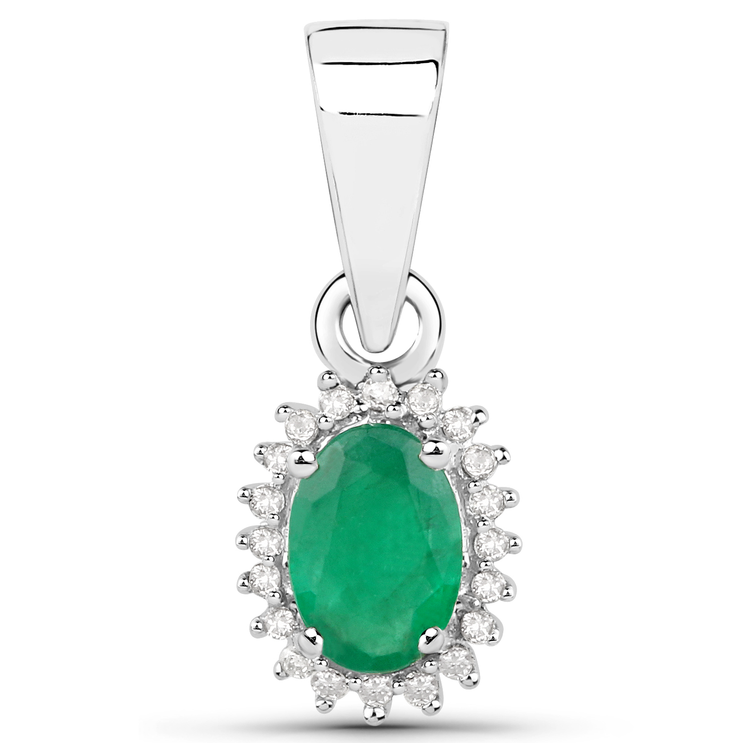 0.50 Carat Genuine Zambian Emerald and White Diamond 14K White Gold Pendant