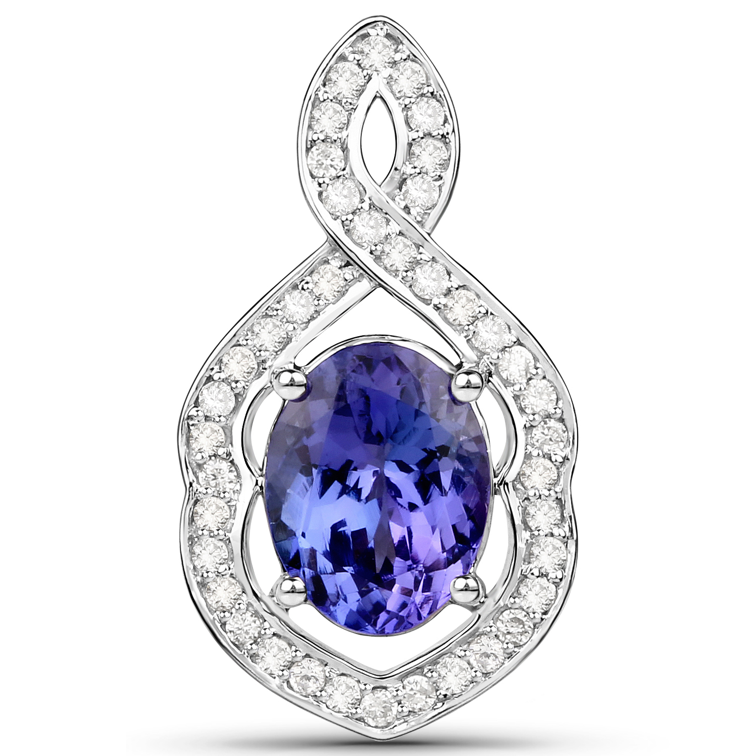 14K White Gold 1.86 Carat Genuine Tanzanite and White Diamond Pendant