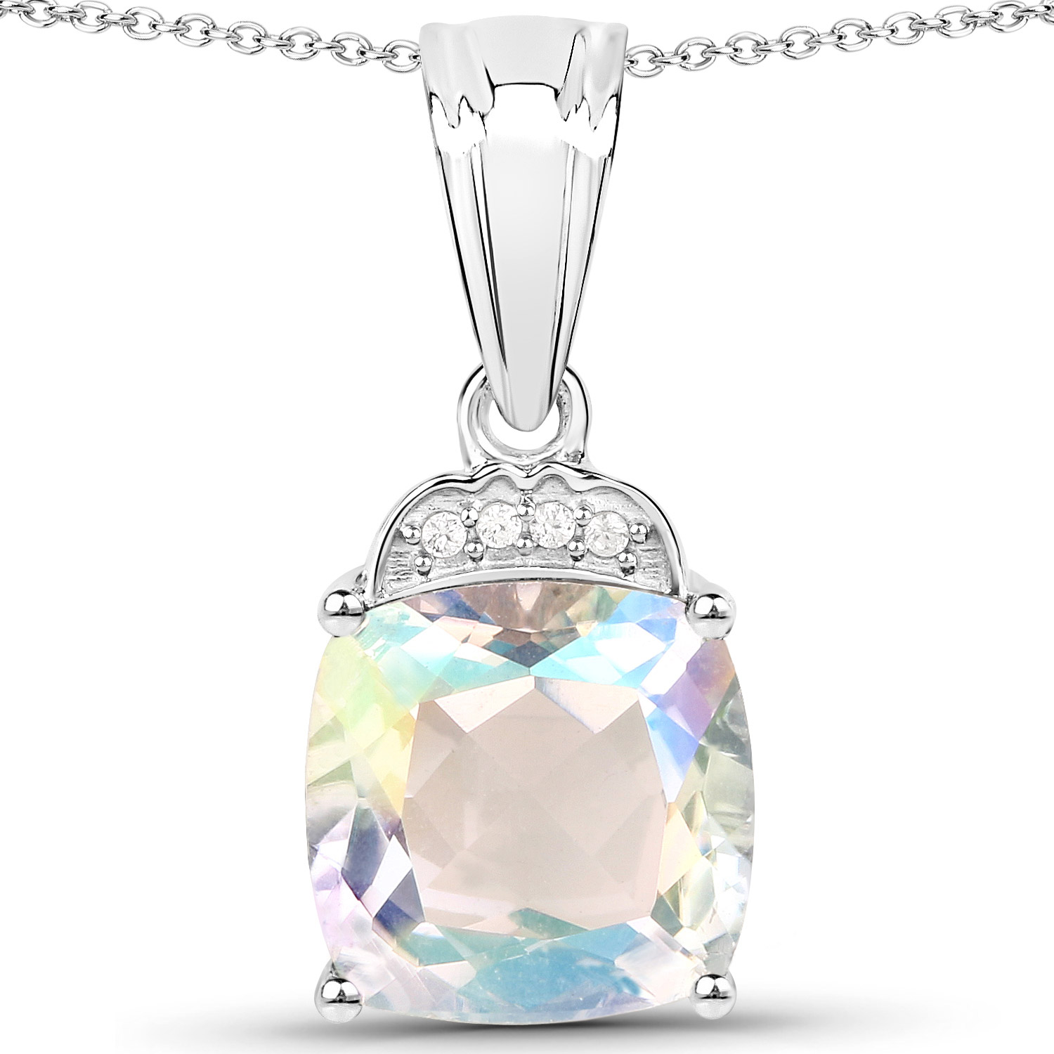 3.97 Carat Genuine Opal Rainbow Quartz and White Zircon .925 Sterling Silver Pendant