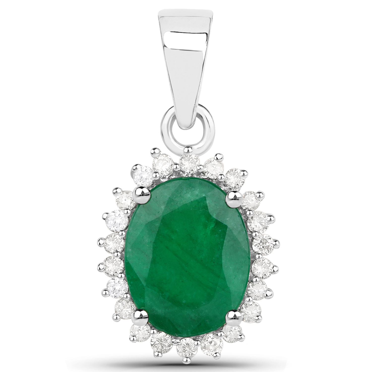 1.75 Carat Genuine Zambian Emerald and White Diamond 14K White Gold Pendant