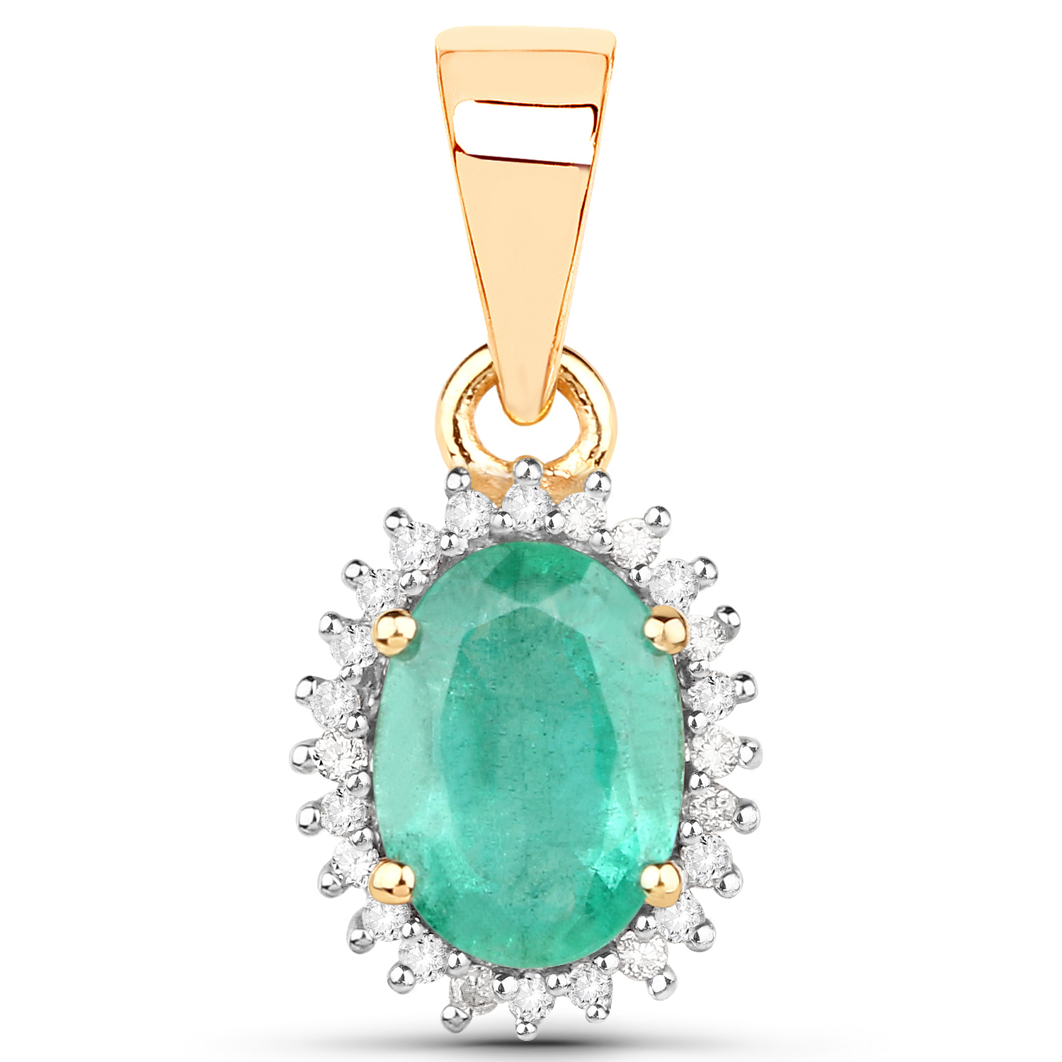 0.79 Carat Genuine Zambian Emerald and White Diamond 18K Yellow Gold Pendant