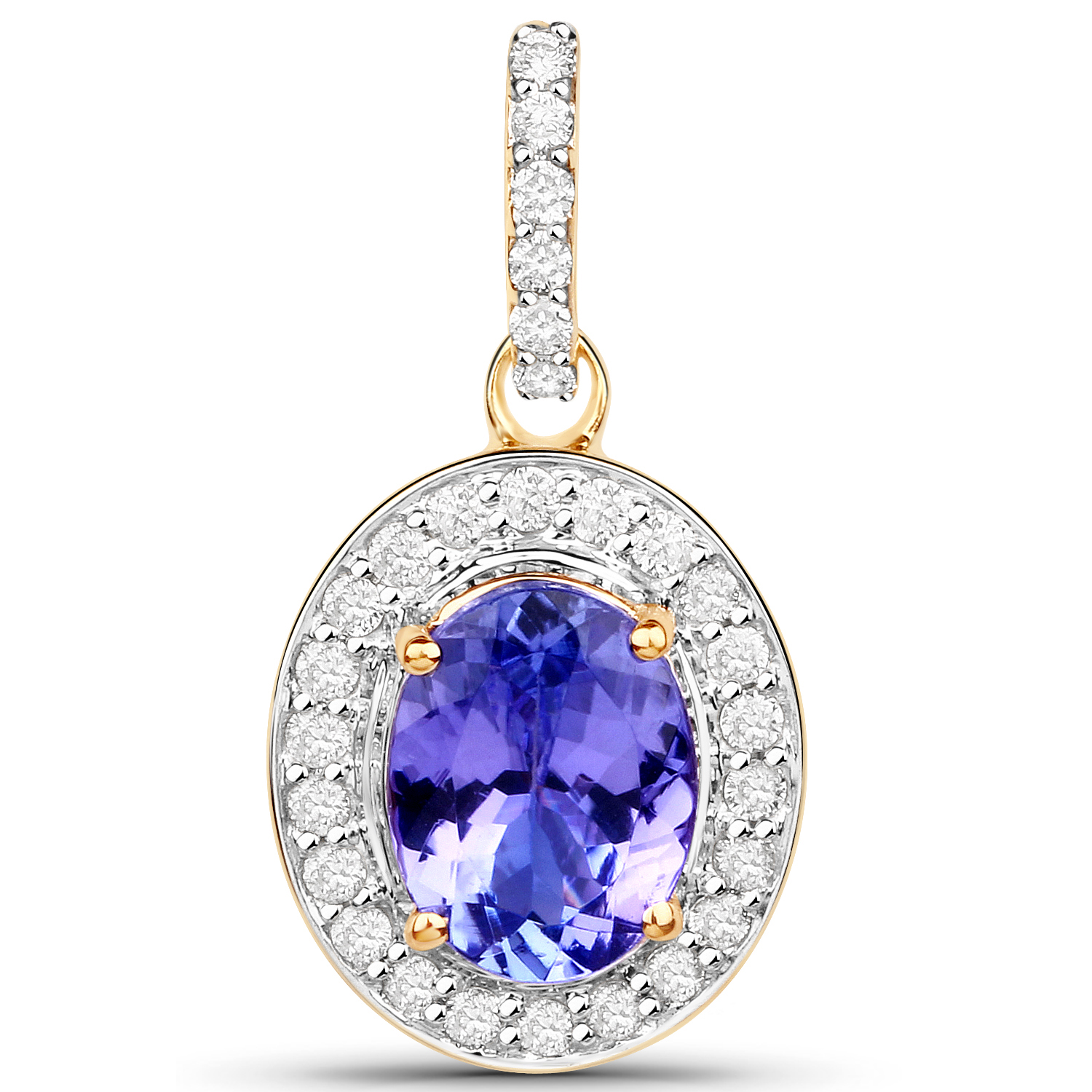 14K Yellow Gold 1.79 Carat Genuine Tanzanite and White Diamond Pendant