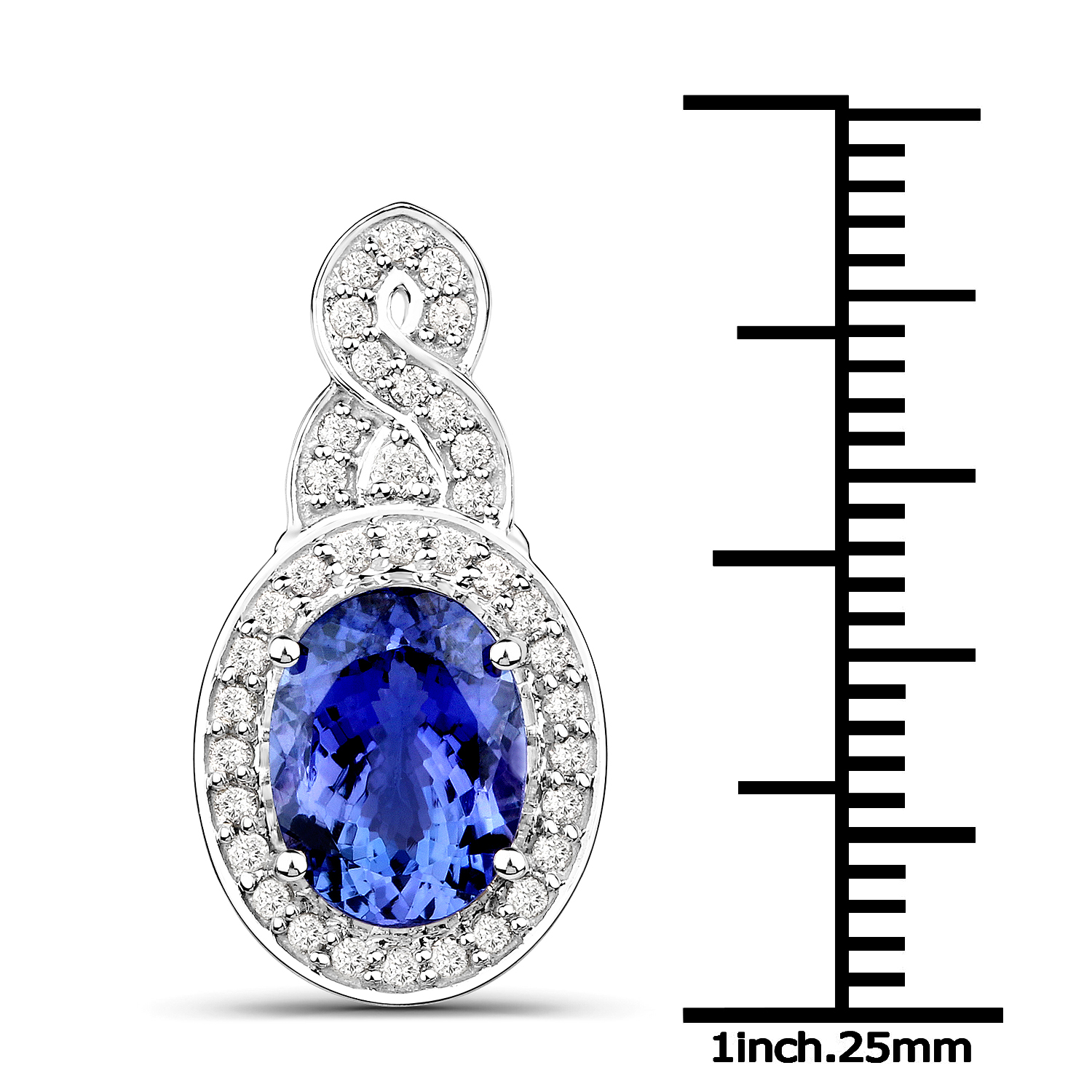 14K White Gold 2.75 Carat Genuine Tanzanite and White Diamond Pendant
