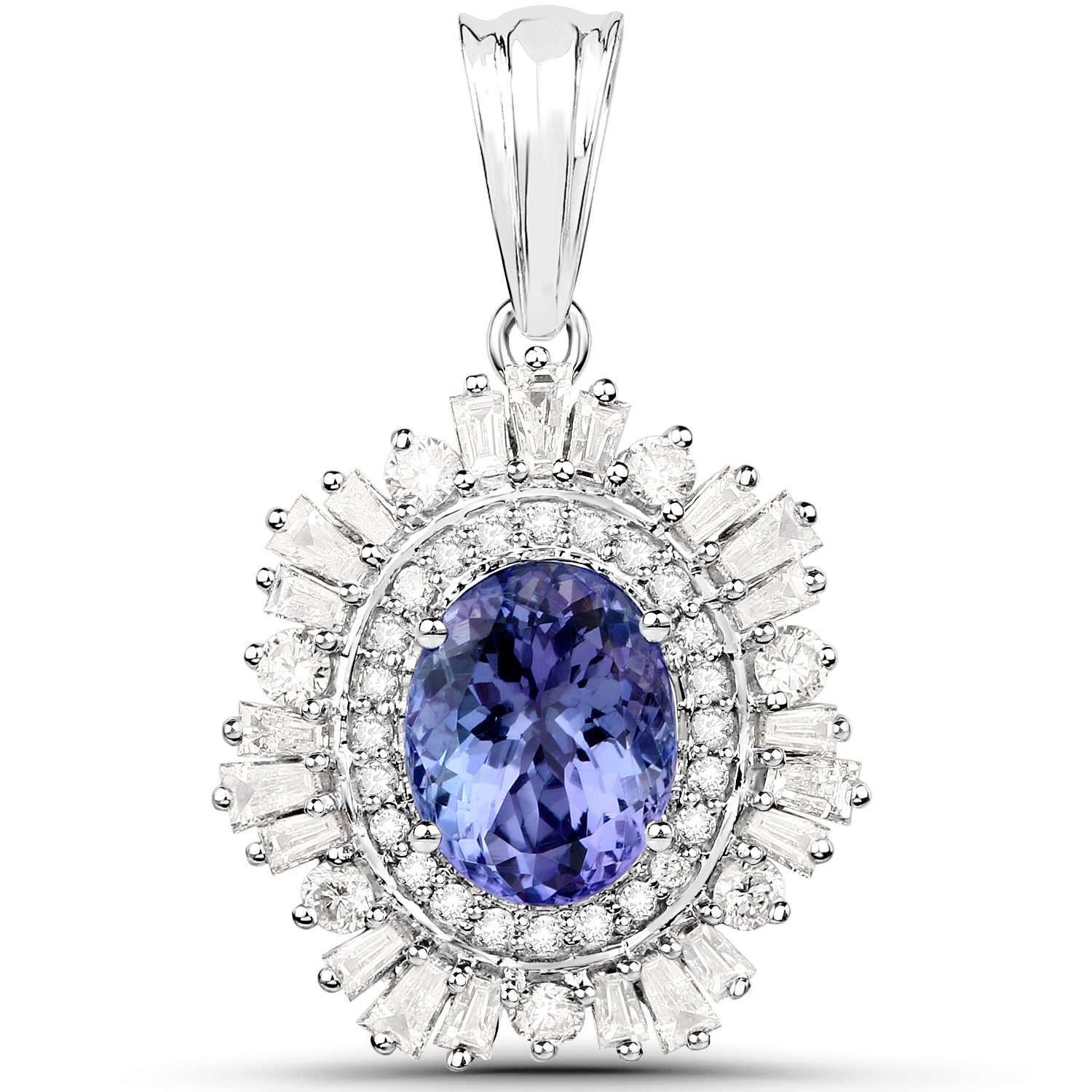 14K White Gold 4.34 Carat Genuine Tanzanite and White Diamond Pendant