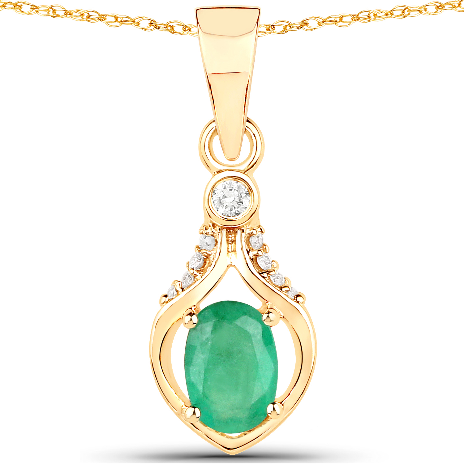 0.48 Carat Genuine Zambian Emerald and White Diamond 14K Yellow Gold Pendant