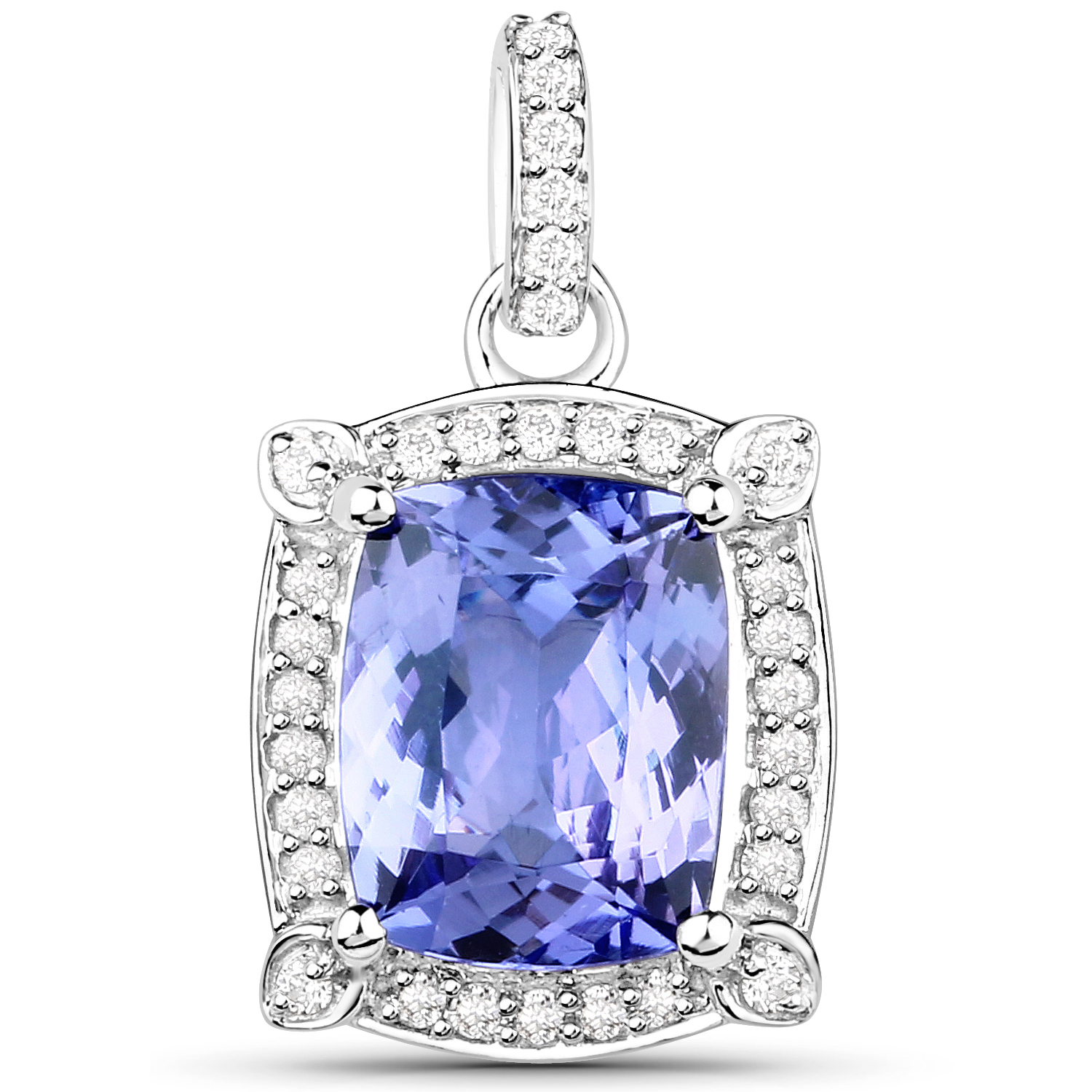 14K White Gold 3.42 Carat Genuine Tanzanite and White Diamond Pendant