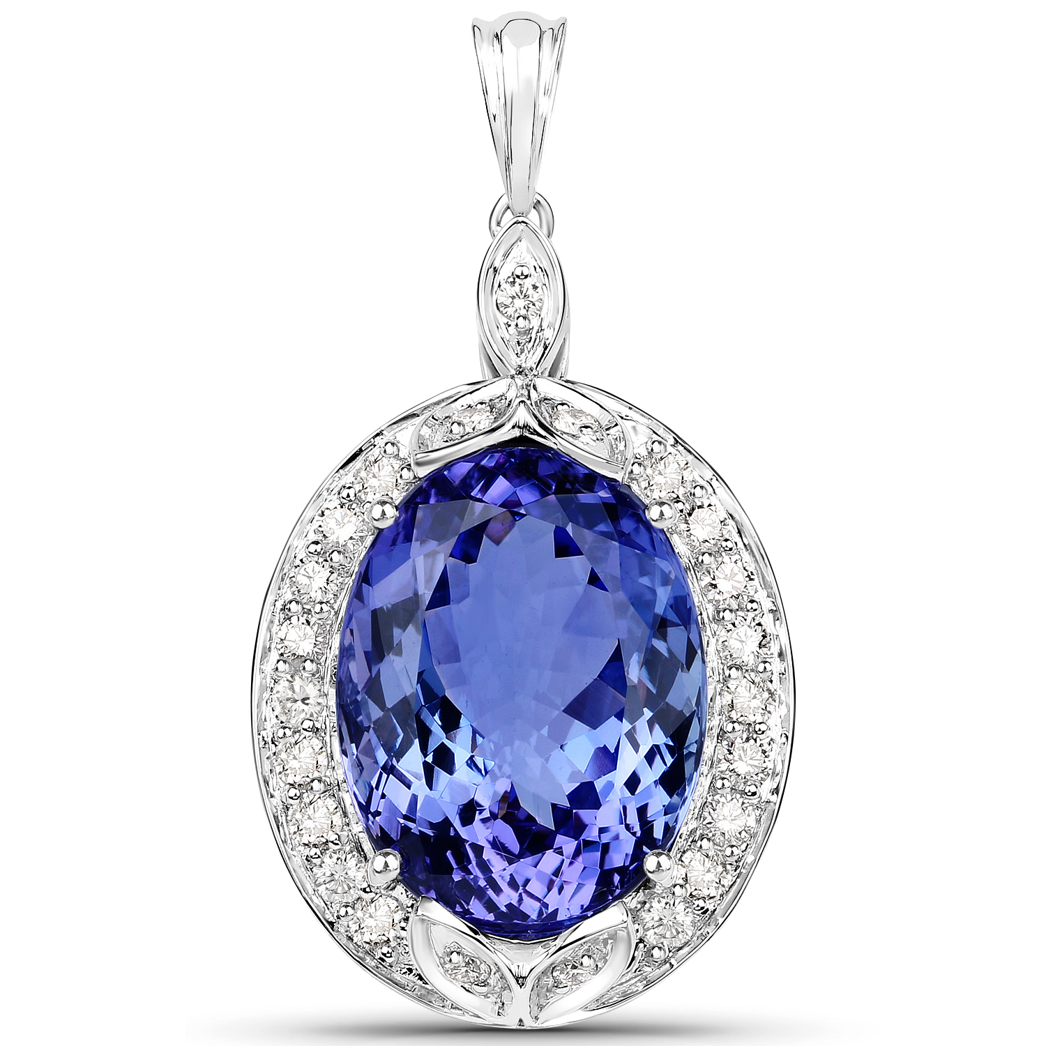 30.69 Carat Genuine Tanzanite and White Diamond 18K White Gold Pendant