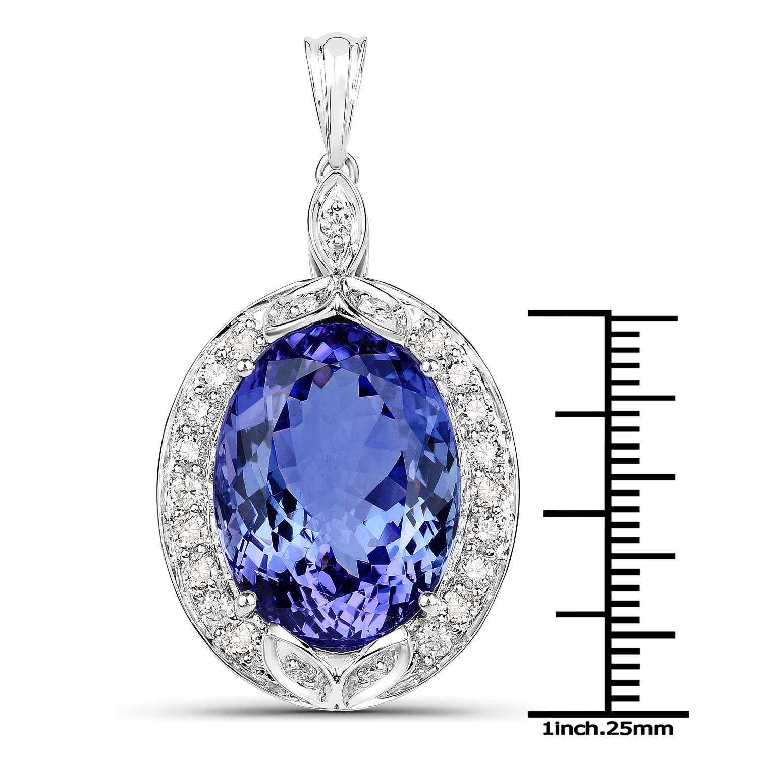 30.69 Carat Genuine Tanzanite and White Diamond 18K White Gold Pendant