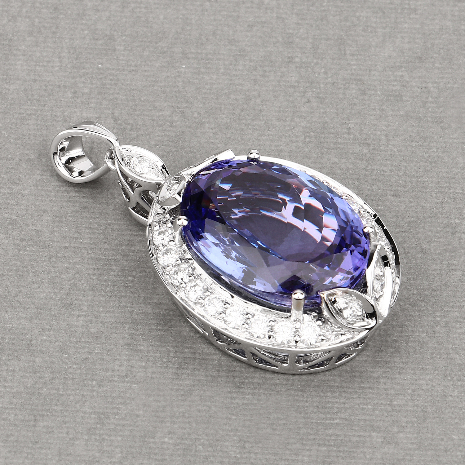 30.69 Carat Genuine Tanzanite and White Diamond 18K White Gold Pendant