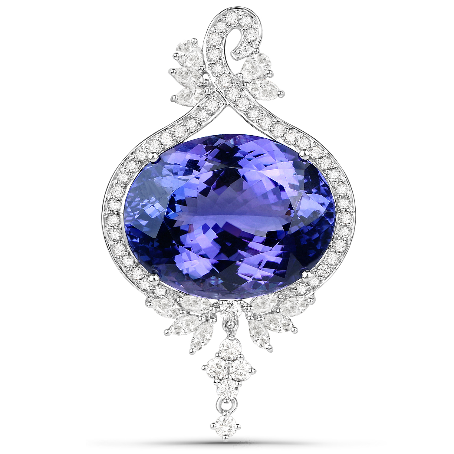40.28 Carat Genuine Tanzanite and White Diamond 18K White Gold Pendant