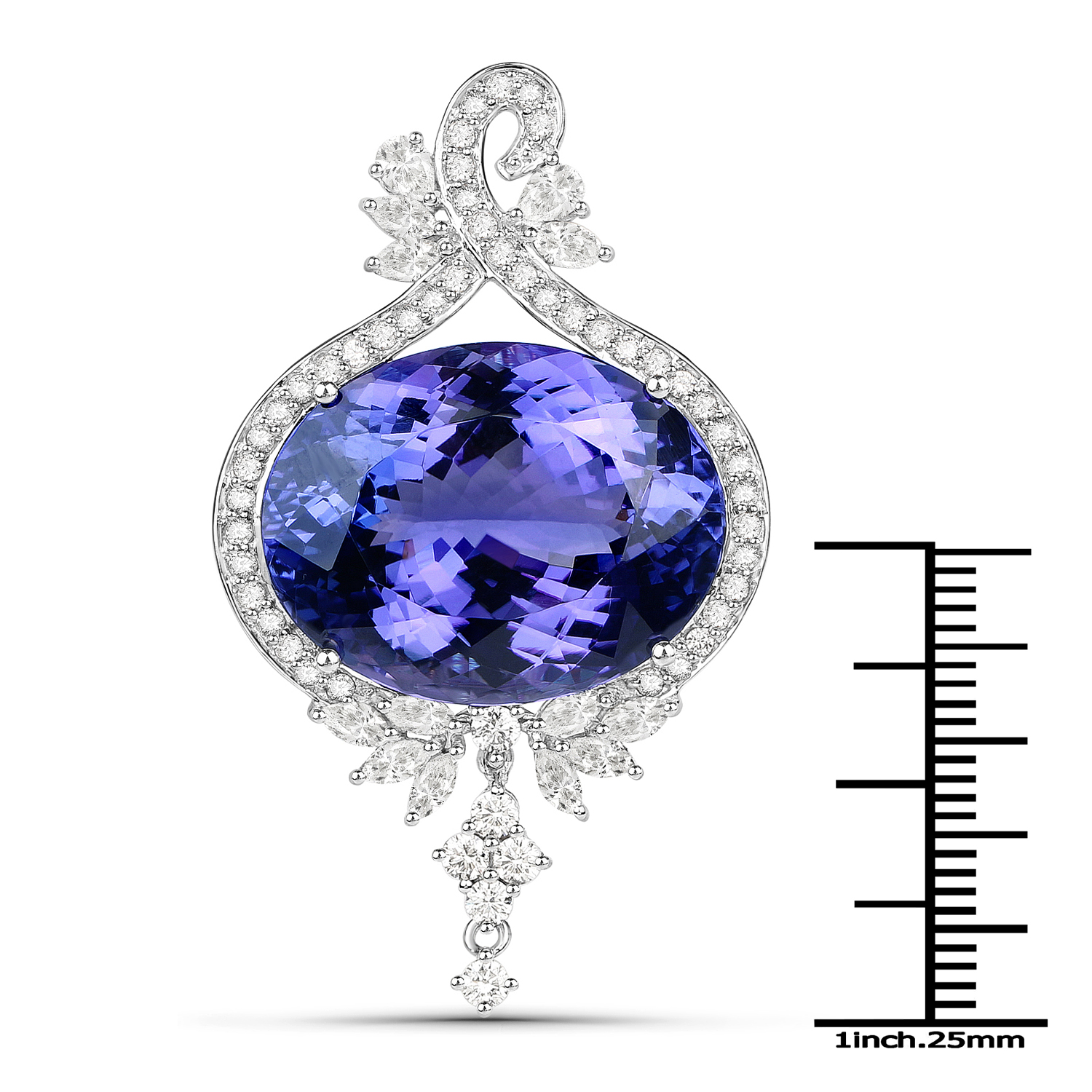 40.28 Carat Genuine Tanzanite and White Diamond 18K White Gold Pendant