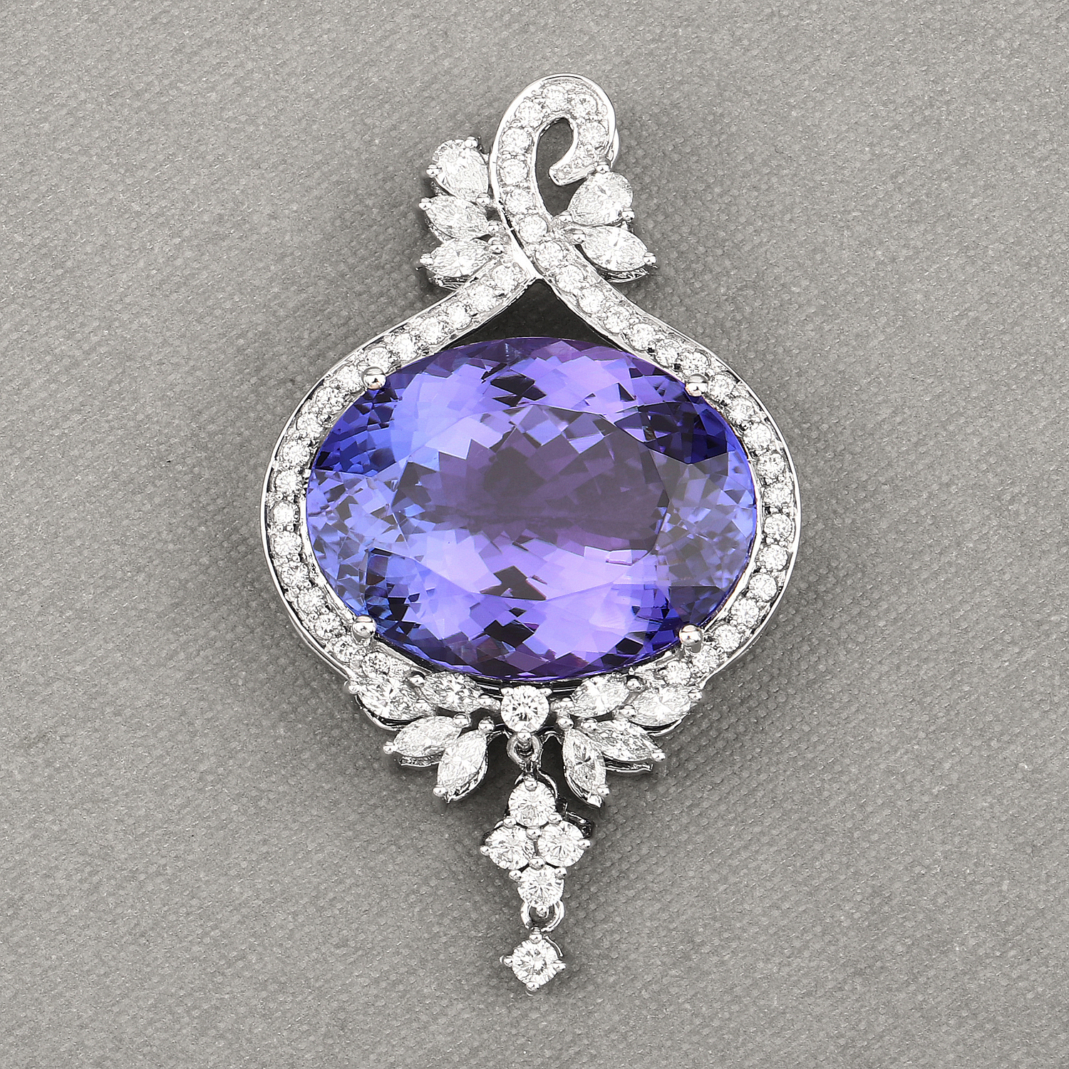 40.28 Carat Genuine Tanzanite and White Diamond 18K White Gold Pendant