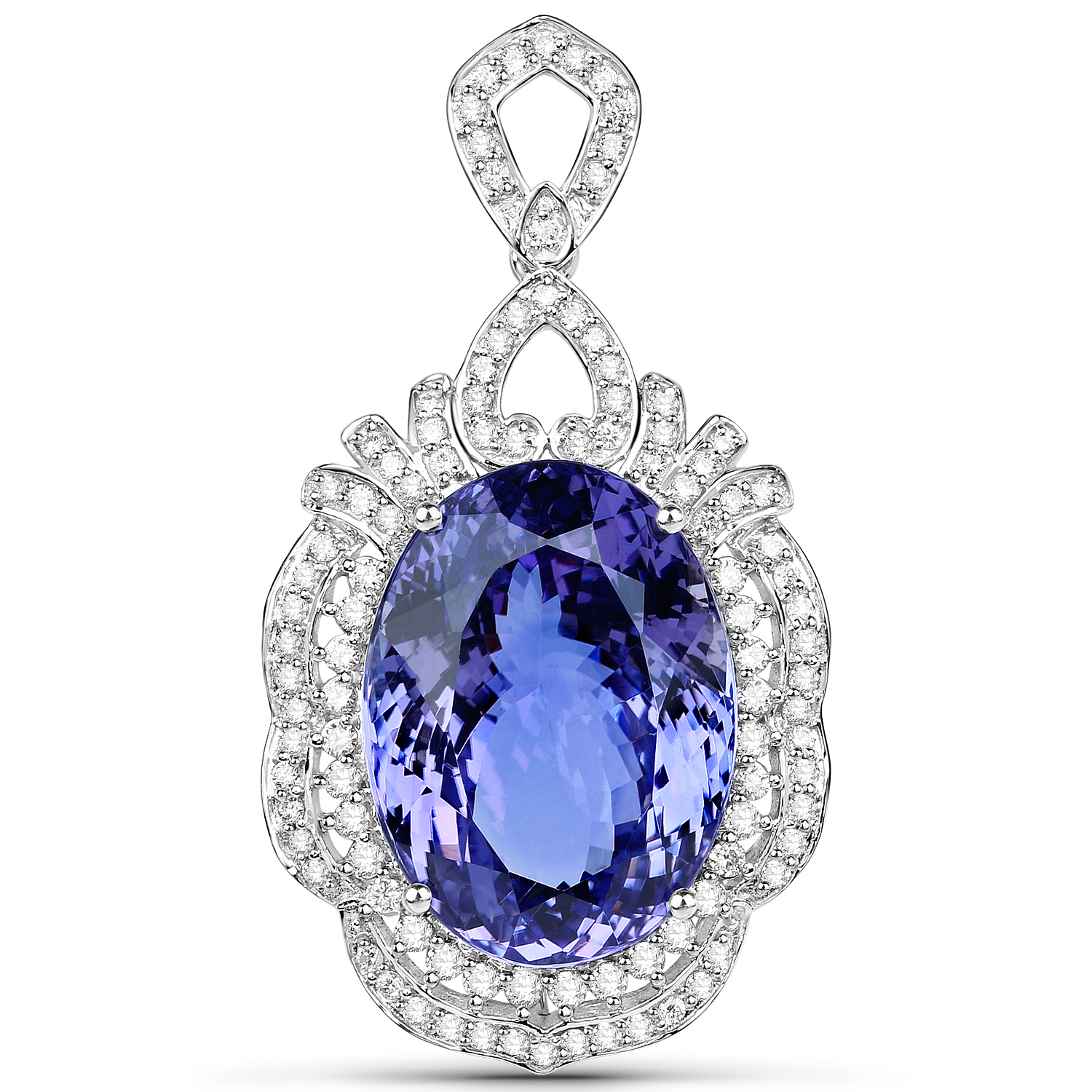 34.10 Carat Genuine Tanzanite and White Diamond 18K White Gold Pendant
