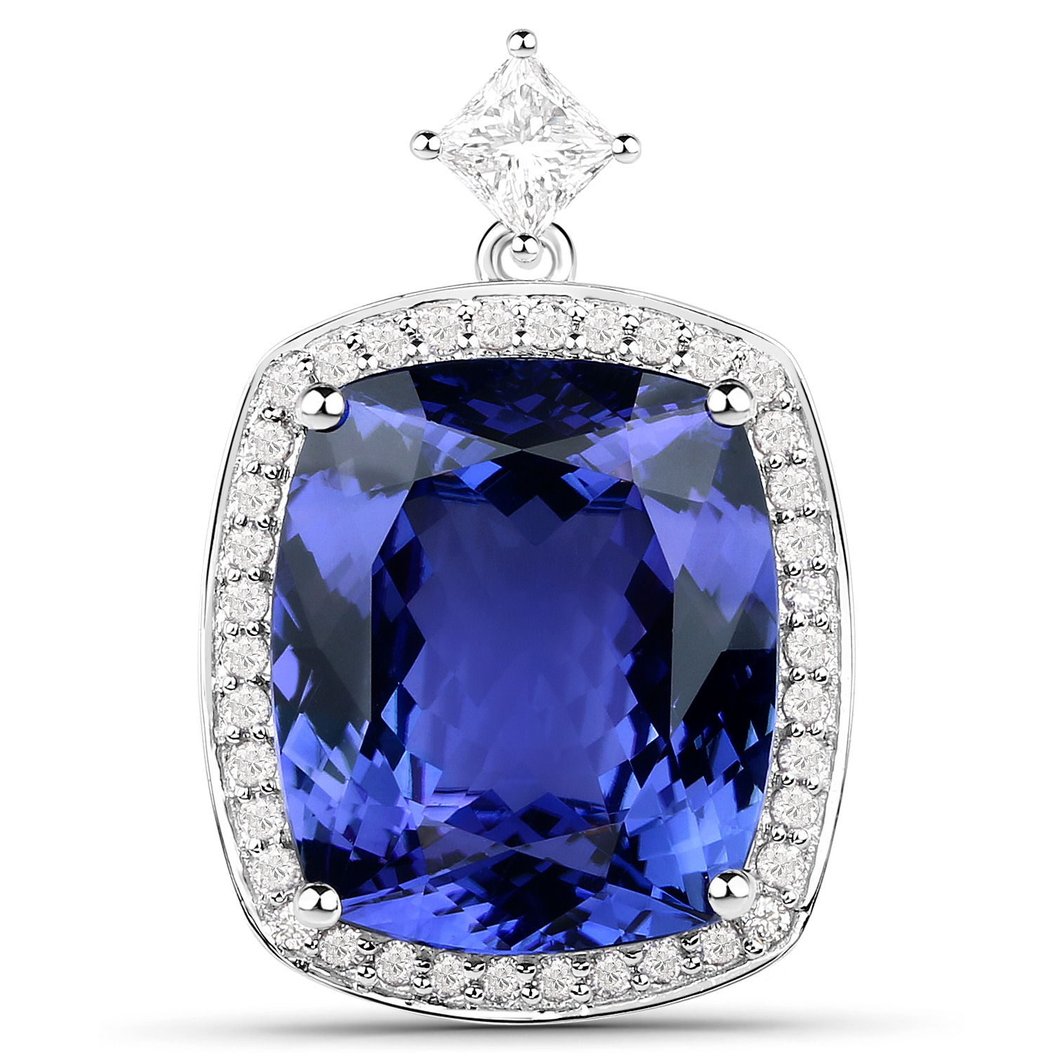 14.96 Carat Genuine Tanzanite and White Diamond 18K White Gold Pendant