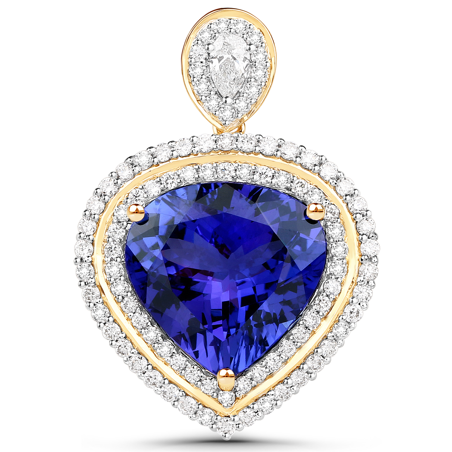 11.83 Carat Genuine Tanzanite and White Diamond 18K Yellow Gold Pendant