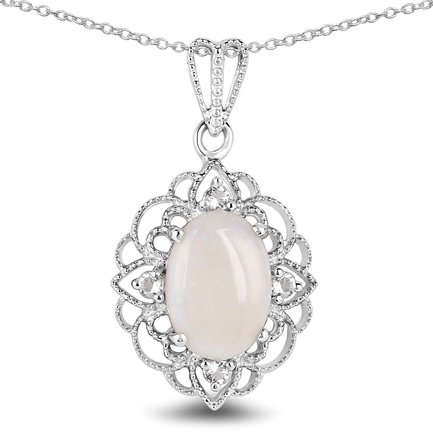 3.52 Carat Genuine Opal and White Topaz .925 Sterling Silver Pendant