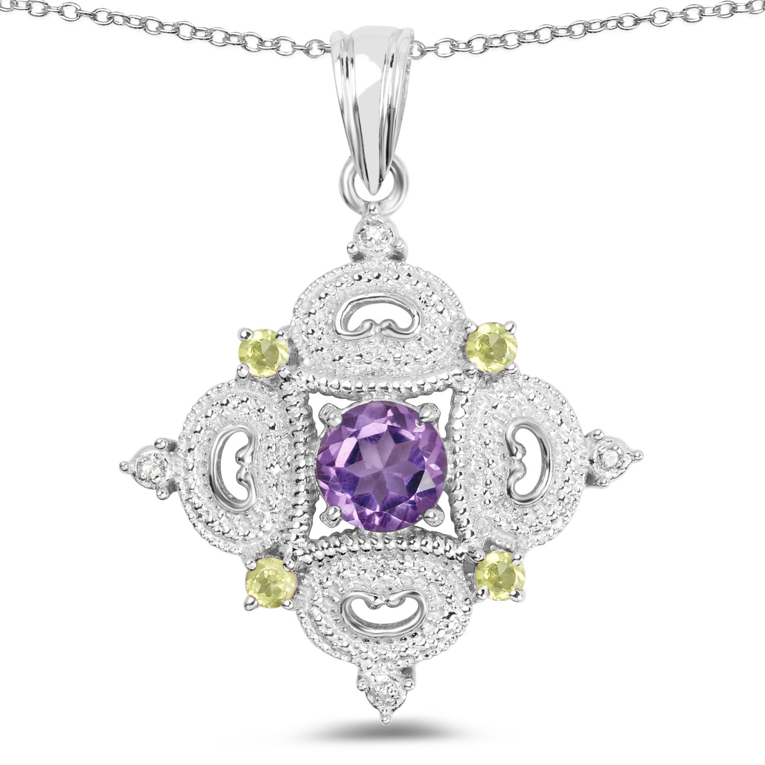 2.22 Carat Genuine Amethyst, Peridot & White Topaz .925 Sterling Silver Pendant