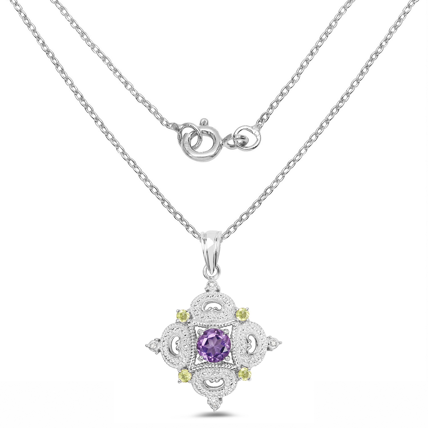 2.22 Carat Genuine Amethyst, Peridot & White Topaz .925 Sterling Silver Pendant
