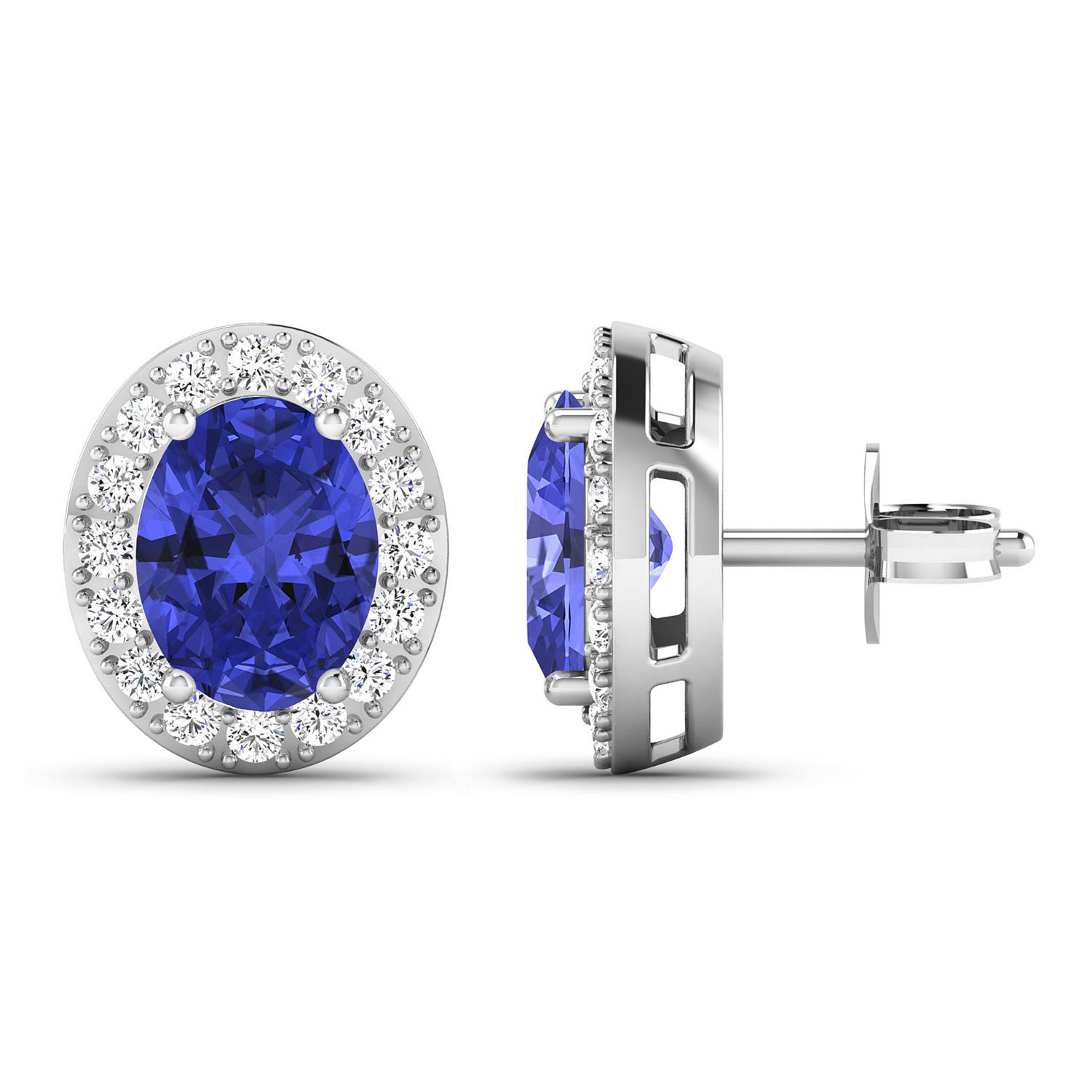 0.45 ctw. Genuine White Diamond Semi-Mounting Studs in 14K White Gold - holds 8x6mm Oval Gemstones with Oval 8x6mm- 2Pcs Tanzanite