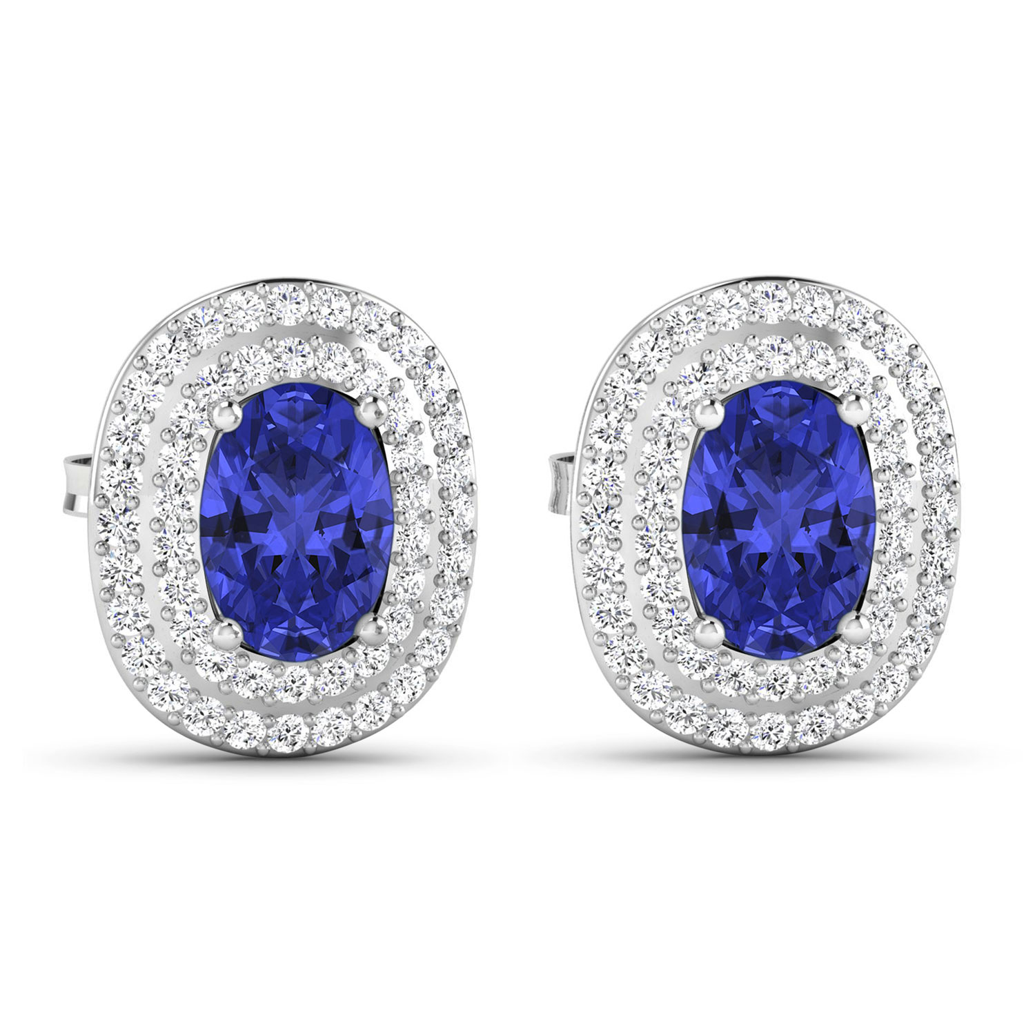 0.45 ctw. Genuine White Diamond Semi-Mounting Studs in 14K White Gold - holds 7x5mm Oval Gemstones with Oval 7x5mm- 2Pcs Tanzanite