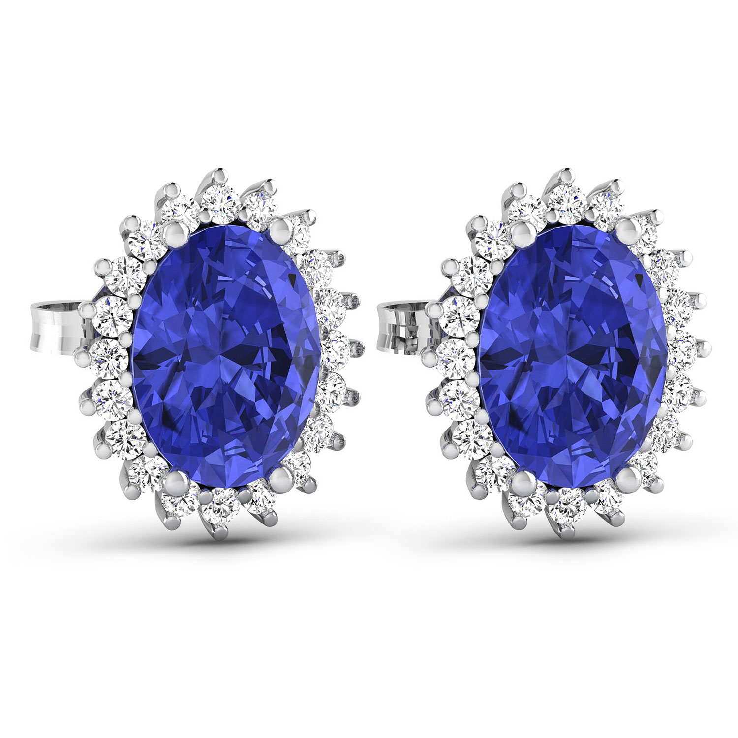 0.26 ctw. Genuine White Diamond Semi-Mounting Halo Earrings in 14K White Gold - holds 8x6mm Oval Gemstones with Oval 8x6mm- 2Pcs Tanzanite