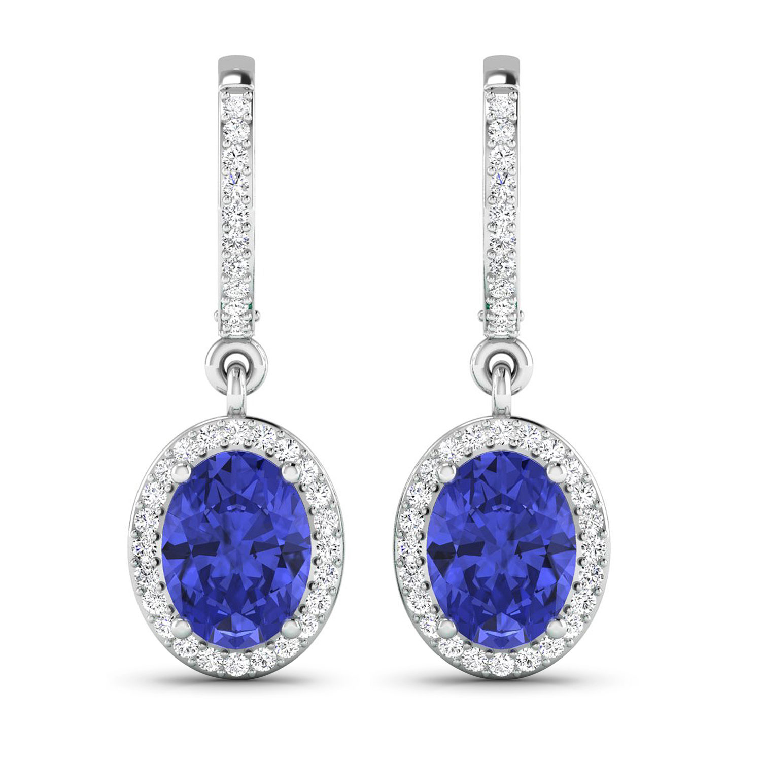 0.32 ctw. Genuine White Diamond Semi-Mounting Dangle Earrings in 14K White Gold - holds 8x6mm Oval Gemstones with Oval 8x6mm- 2Pcs Tanzanite